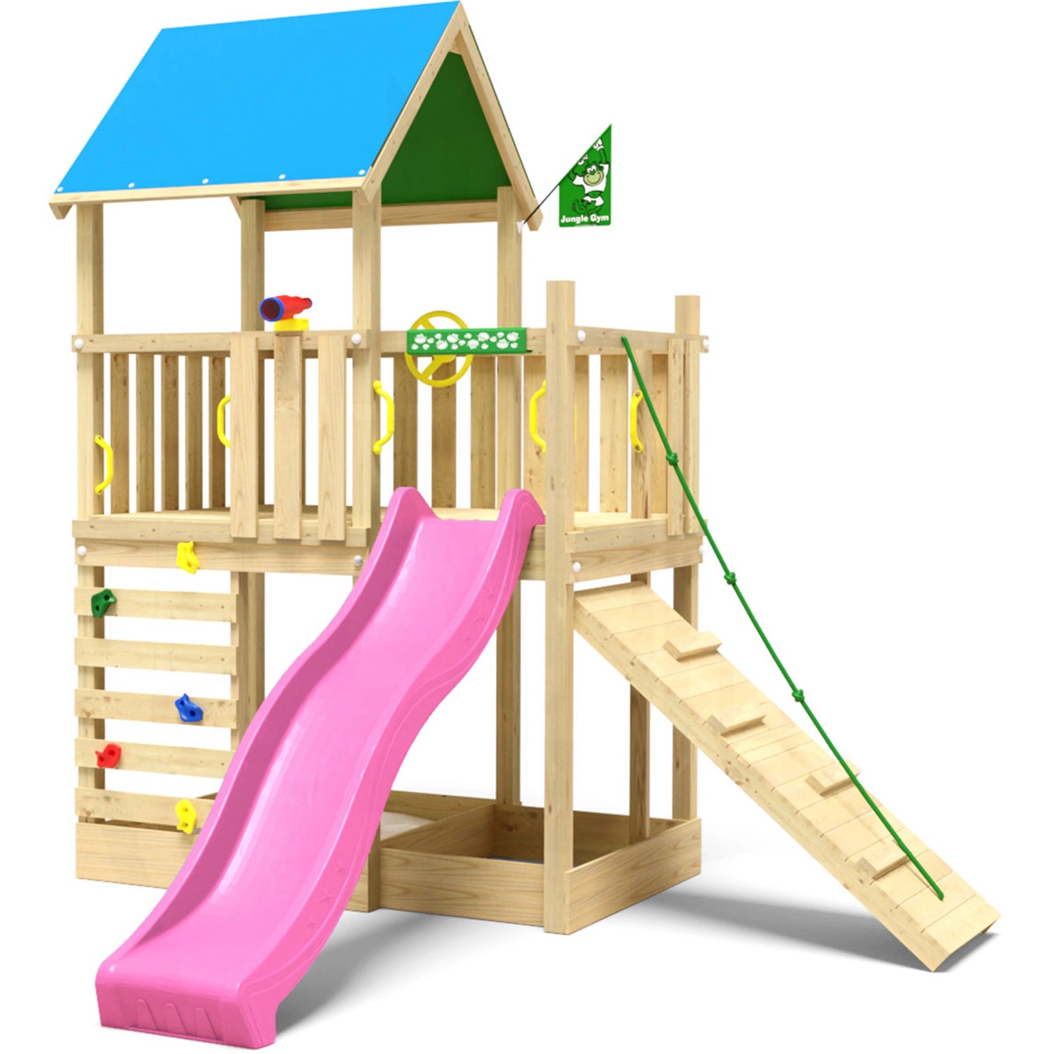Jungle Gym Spielturm Wonder Holz mit Planendach Kletterrampe Rutsche Fuchsia