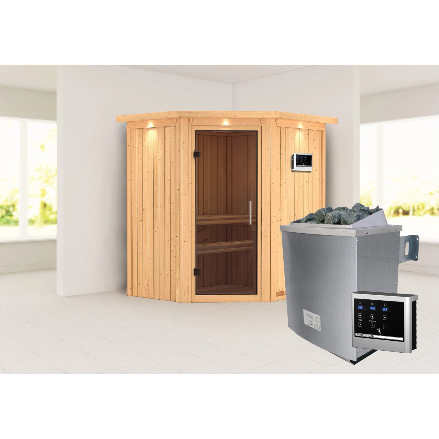 Karibu Sauna Tjorven + Ofen ext. Strg. Easy, Glastür Graphit