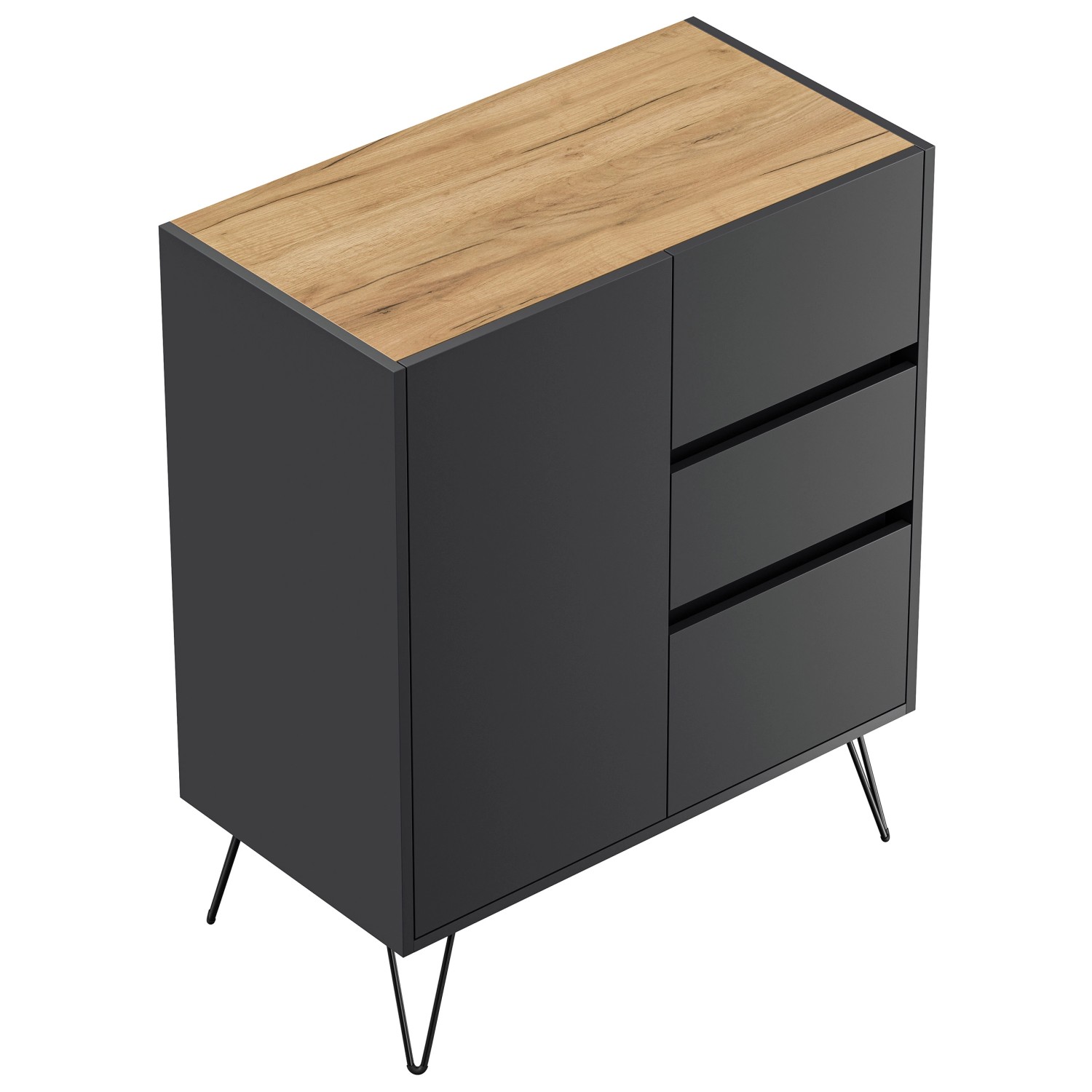 Posseik Sideboard Industrial K 3 Schubladen 1 Tür 80 cm Grafit Eiche Top