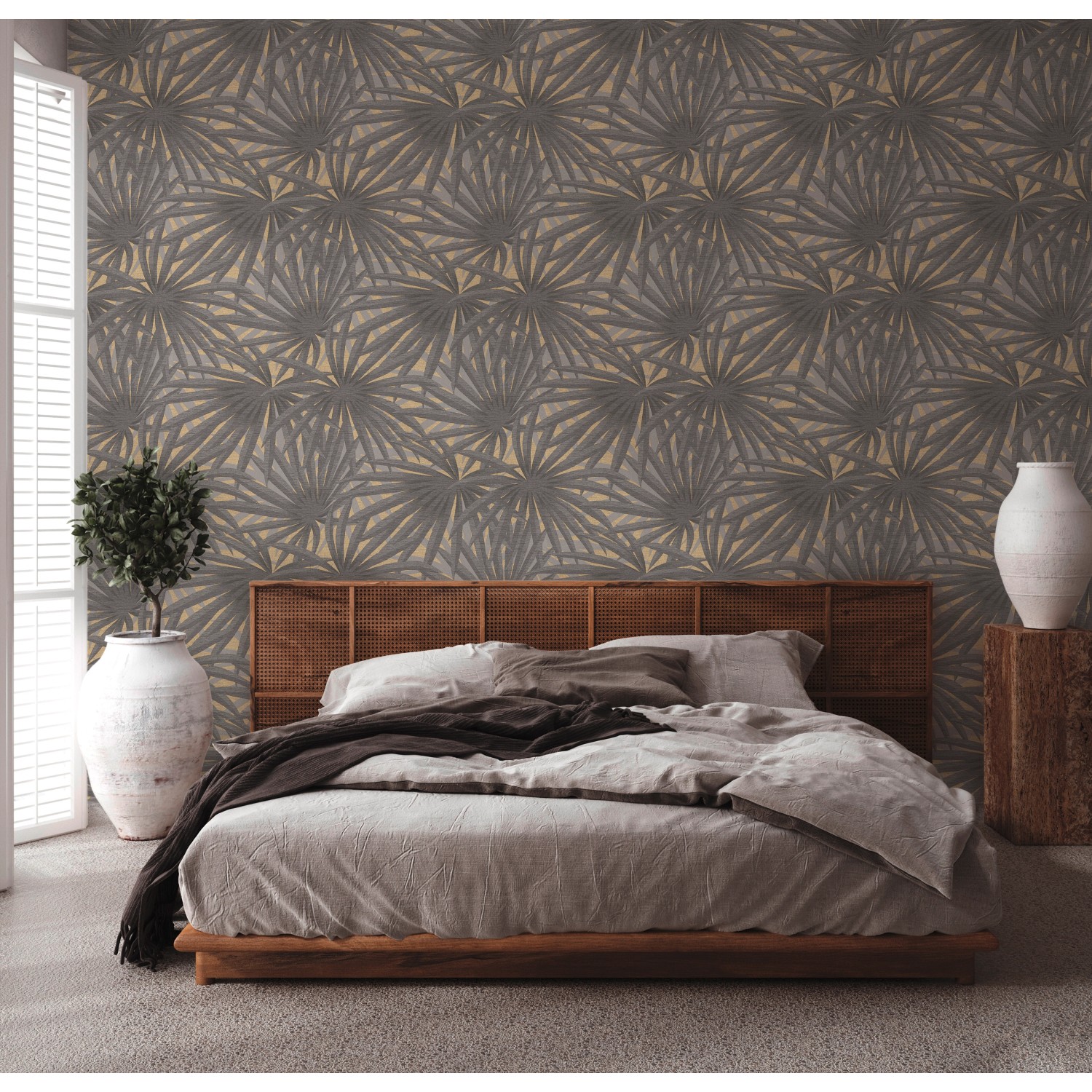 Metropolitan Stories II Vliestapete Palme grau-gold FSC®