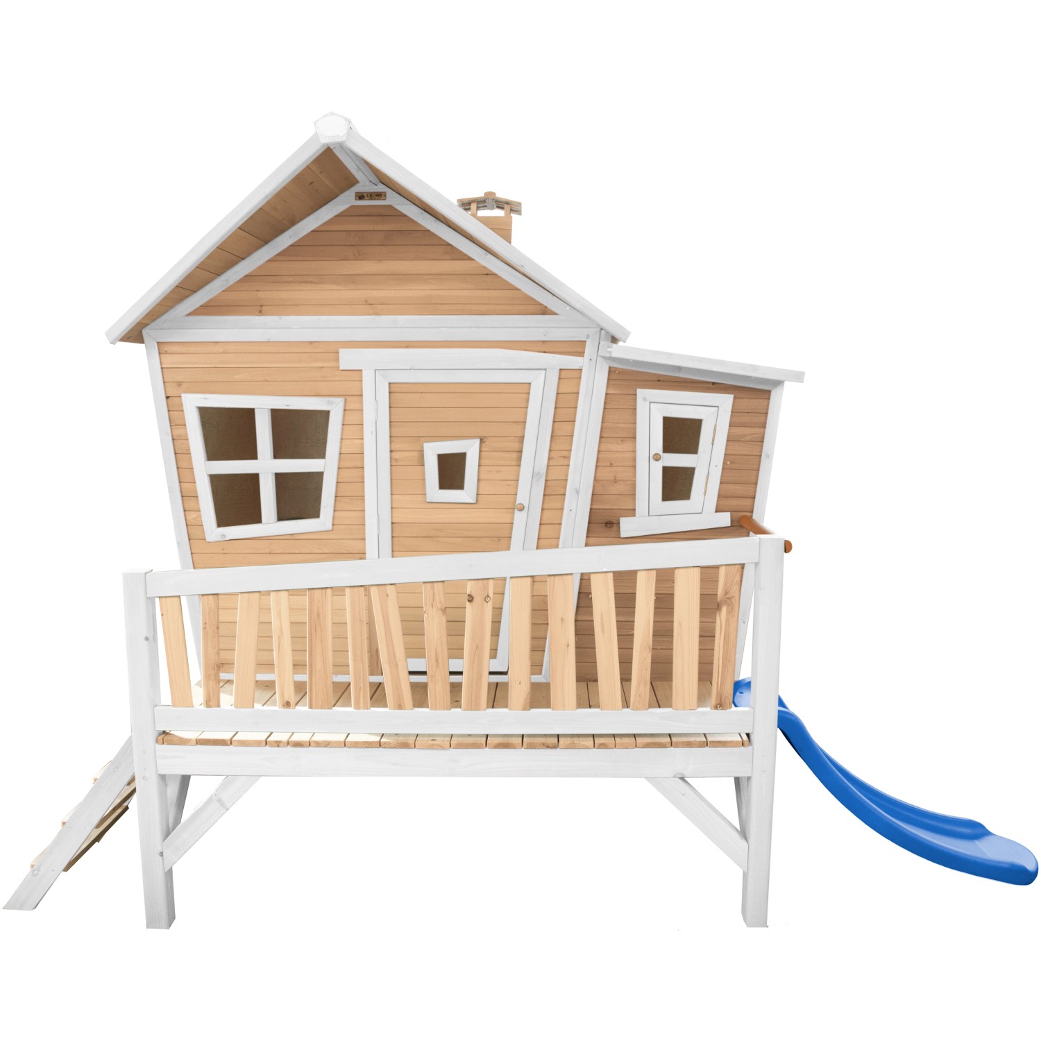 Axi Emma Spielhaus Braun - Weiß mit Blauer Rutsche 193 x 349 x 227 cm