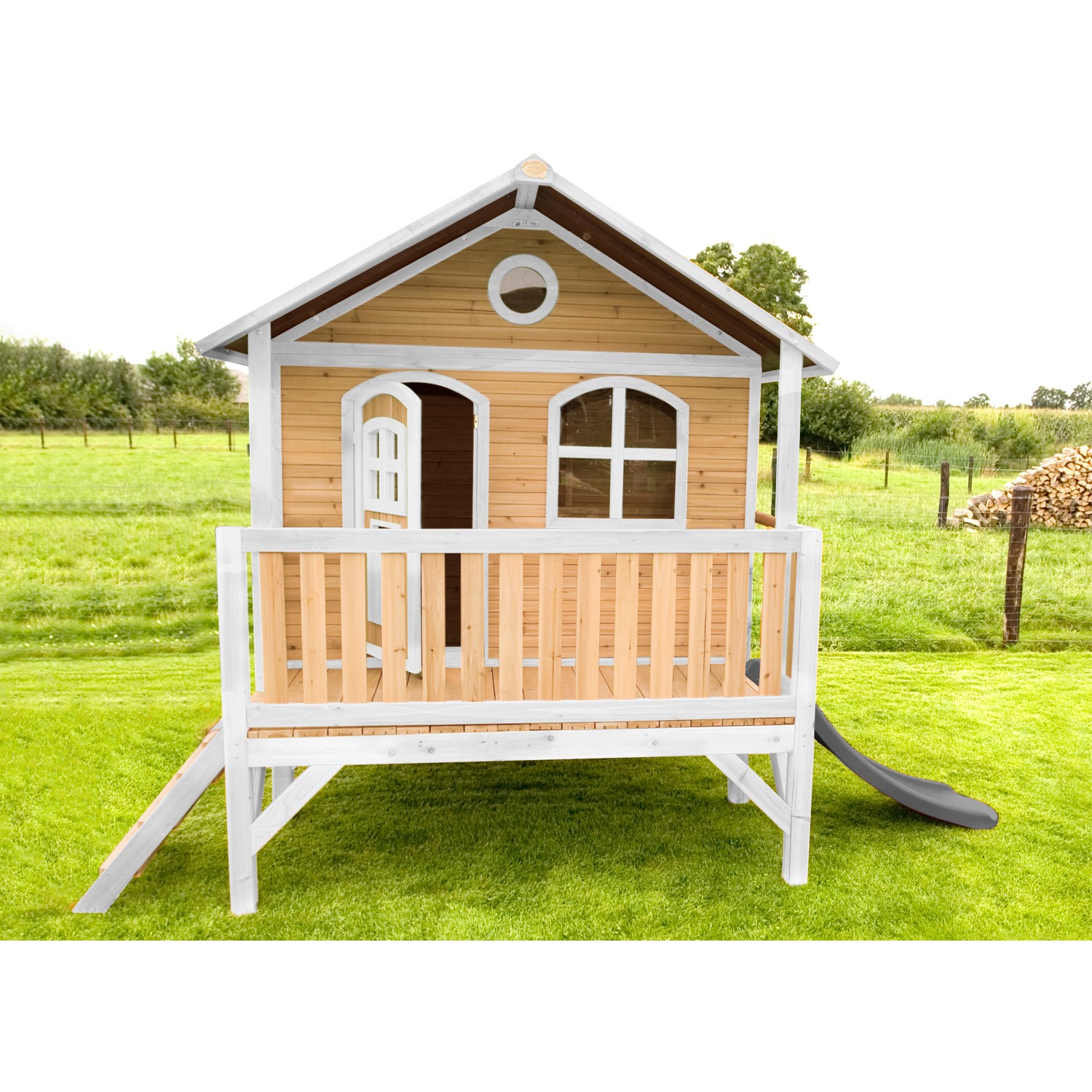 Axi Stef Spielhaus Braun - Weiß mit Grauer Rutsche 212 x 349 x 233 cm
