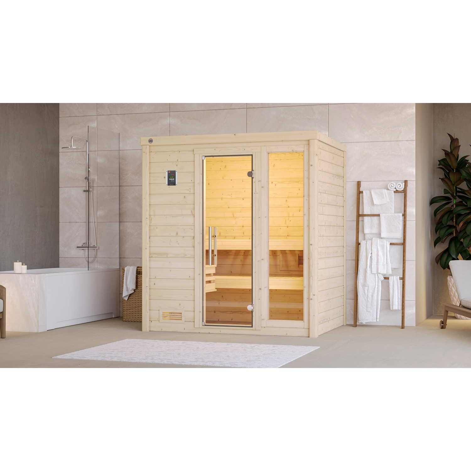 Weka Massivholzsauna Bergen 1 Sparset 7,5 kW OS Glastür/Fenster