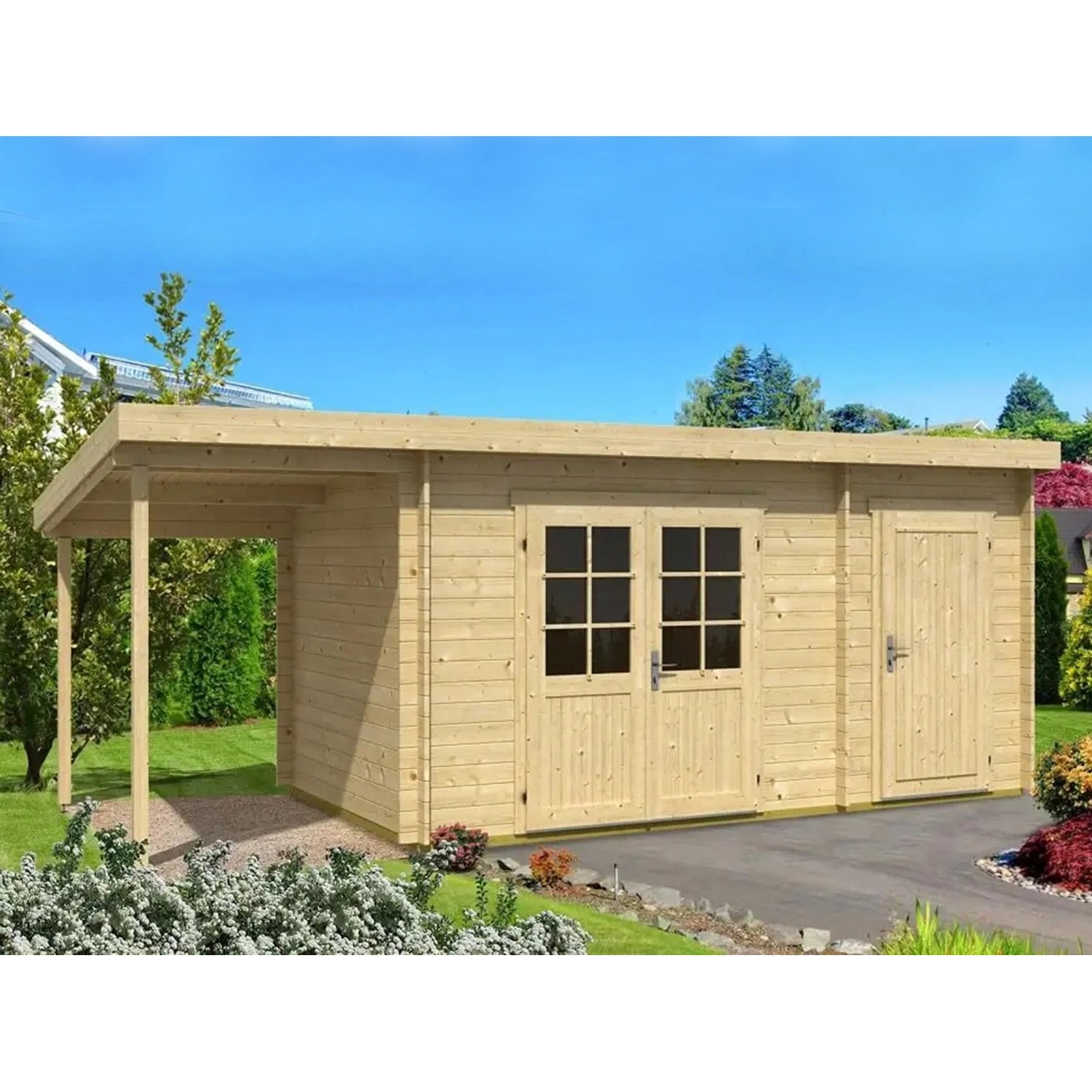 Alpholz Gartenhaus Maria-28 Natur 450 x 250 cm + 150 cm Schleppdach, imprägniert