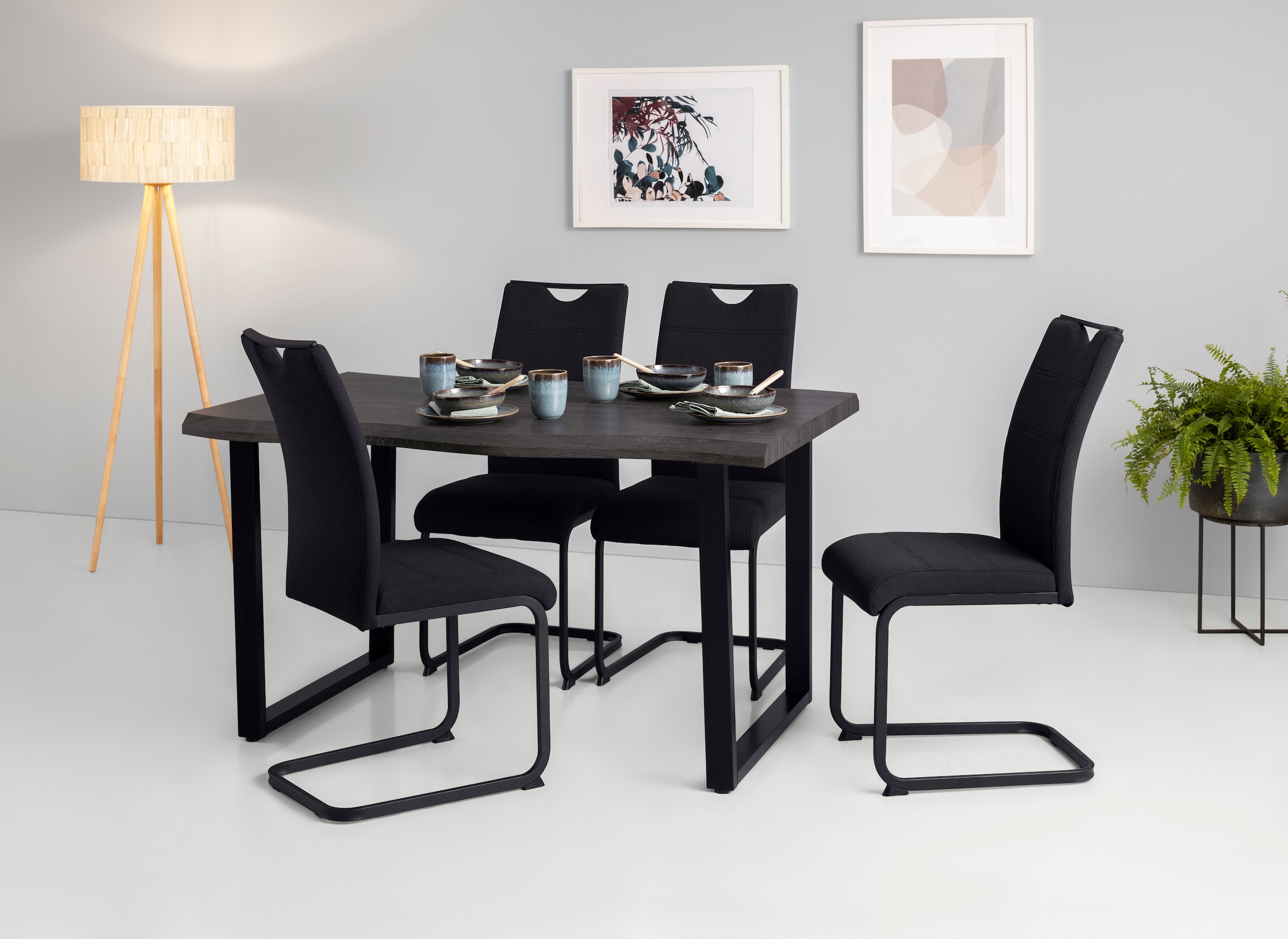 HELA Essgruppe »GISELLE Esszimmer, Essgruppe, Sitzgruppe TOPSELLER!« Set, 5er Set, Tisch plus 4 Stühle, 5 Stk. tlg. Esstisch U-Gestell Metall, Tischplatte mit Baumkante, OTTOs Choice