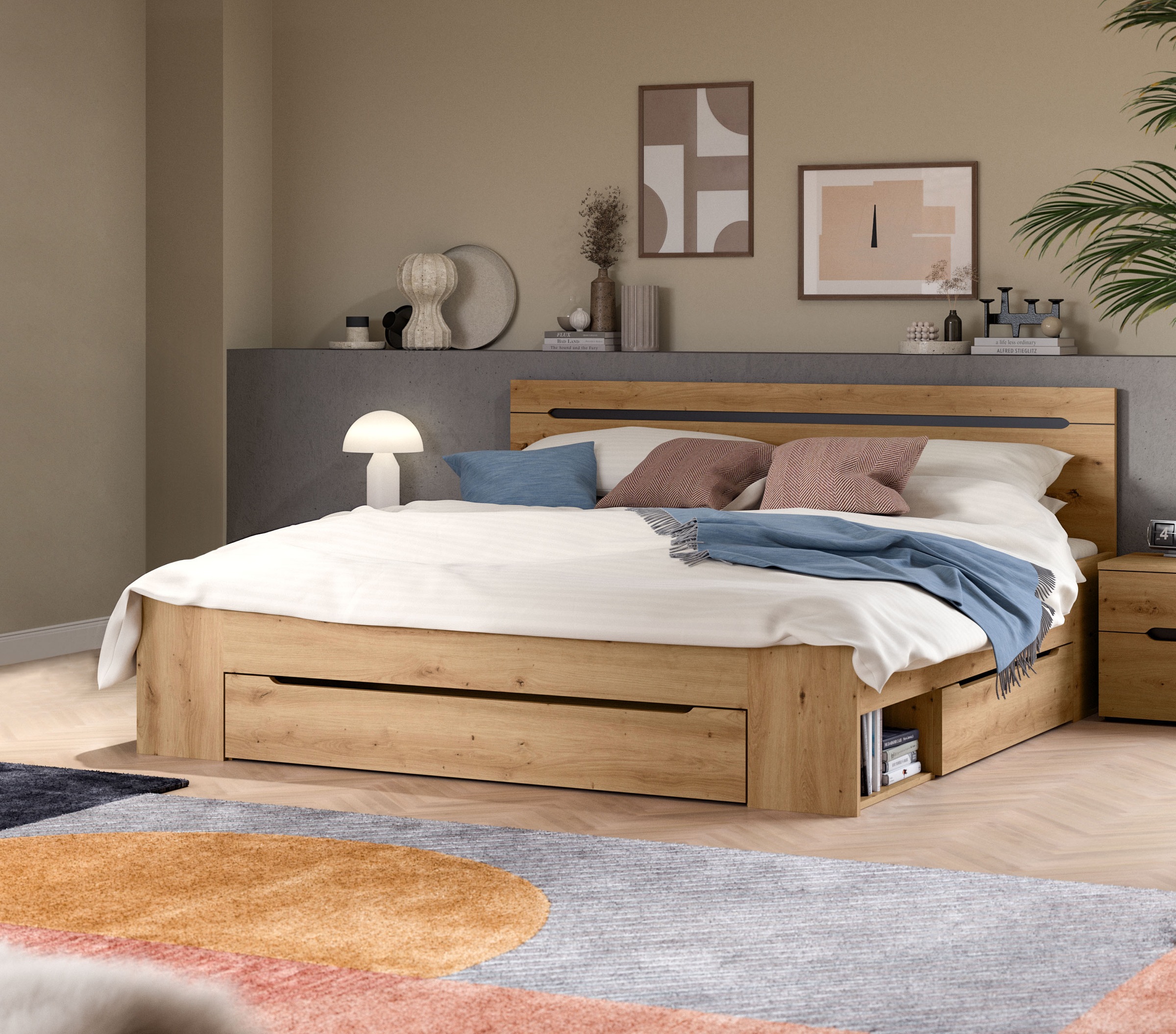 Home affaire Stauraumbett »REHAT, in 144 oder 184 cm Breite, 3 Schubkästen, 2 offene Fächer« TOPSELLER!, für Matratzen 140x200 cm, viel Stauraum, ohne Lattenrost, 1 tlg. Bett, Kastenbett, Bettgestell, Schlafzimmer, Schlafen