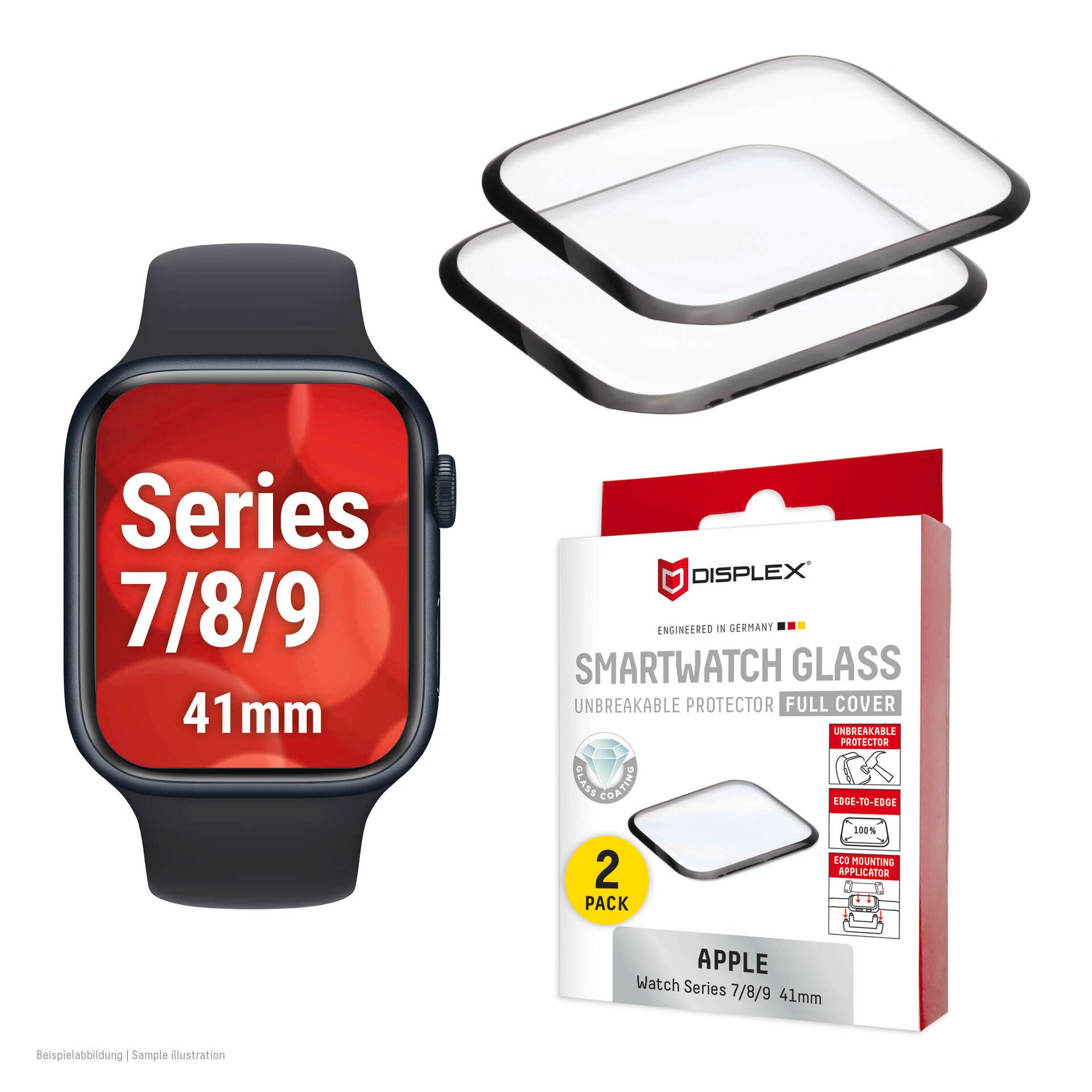 Displex Displayschutzglas »Smartwatch Glass Unbreakable Protector Full Cover« für Apple Watch Series 7 41 mm;Apple Watch Series 8 41 mm;Apple Watch Series 9 41 mm Packung, 2x Acrylglas Protector, Displayschutzfolie, kratz- & stoßfest