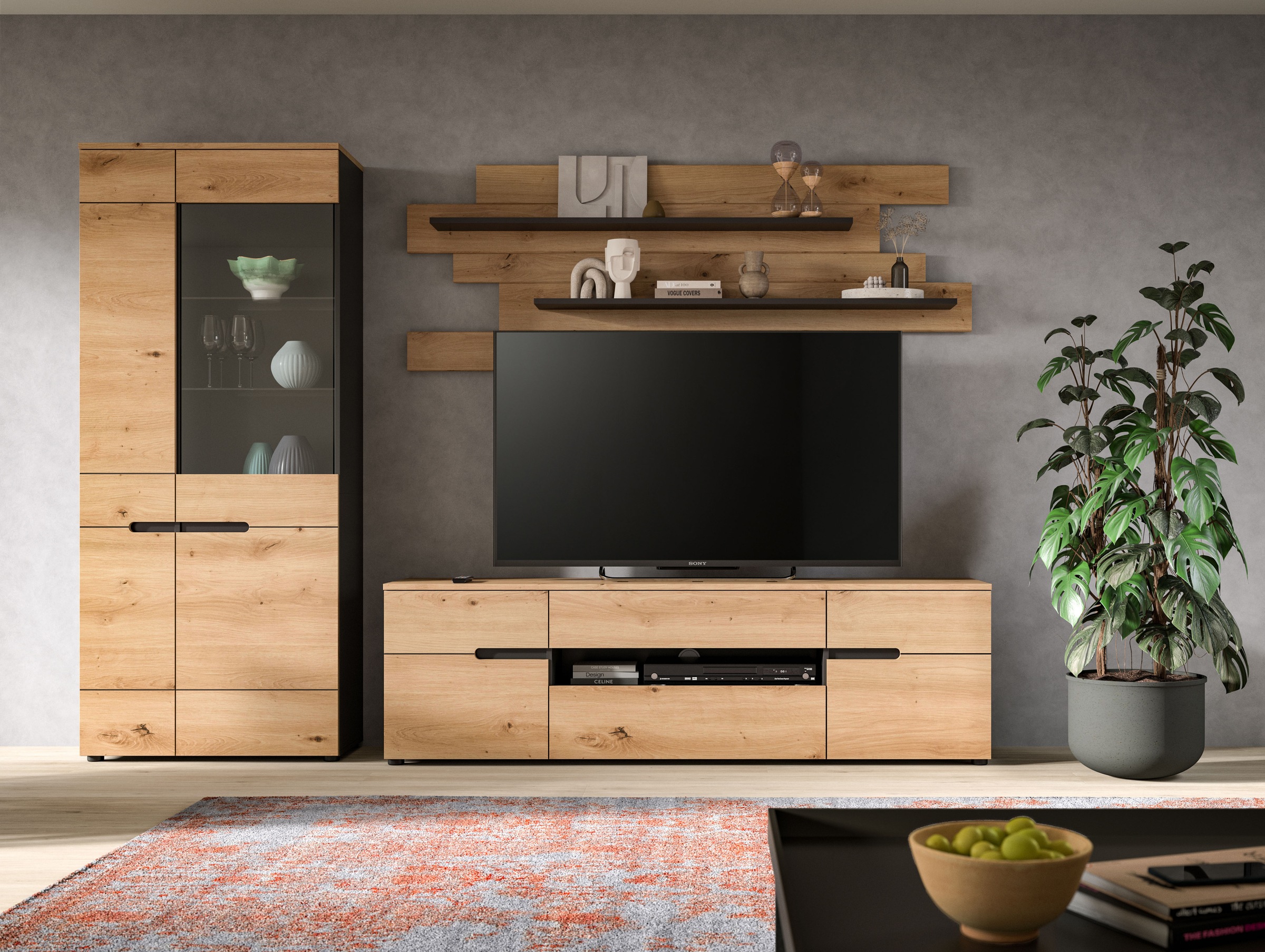 INOSIGN Wohnwand »REHAT, TOPSELLER!, 3-teilig, Breite 280 cm, individuell stellbar« Set bestehend aus: Vitrine, Lowboard und Wandboard, 3 Stk. tlg. Kombination, Anbauwand, Set, Wohn-Set, Wohnzimmer-Set, Schrankwand