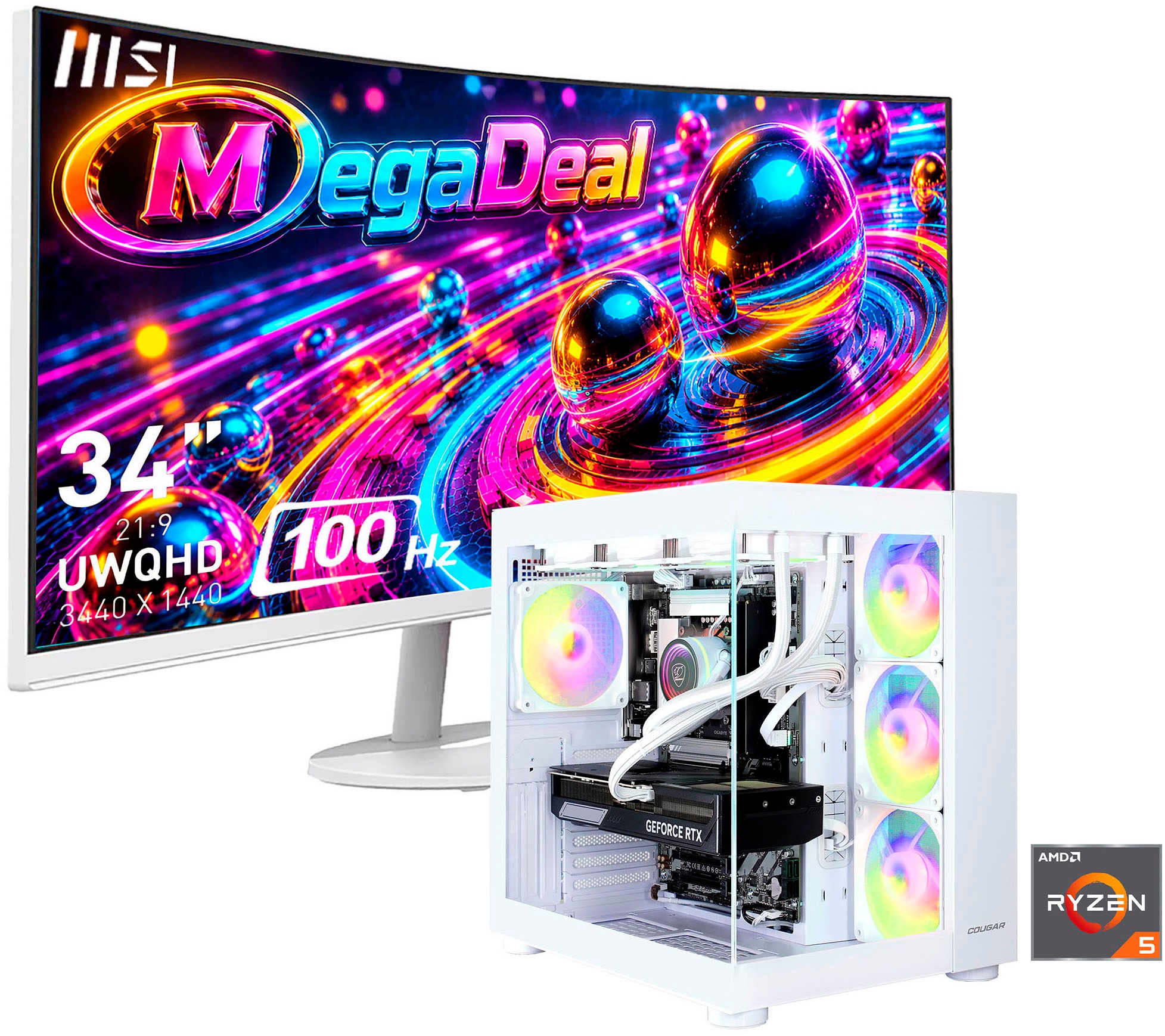 Cougar Gaming-PC-Komplettsystem 'MegaDeal FV150 WT 2888 AMD Ryzen 5 9600X 32GB DDR5 1TB SSD RTX 5070' 34 ″ AMD Ryzen 5 GeForce RTX 5070 32 GB RAM 1.000 GB SSD Windows 11, DDR5 RAM+ MSI PRO MP341CQW LED-Monitor Curved 86,4 m (34')