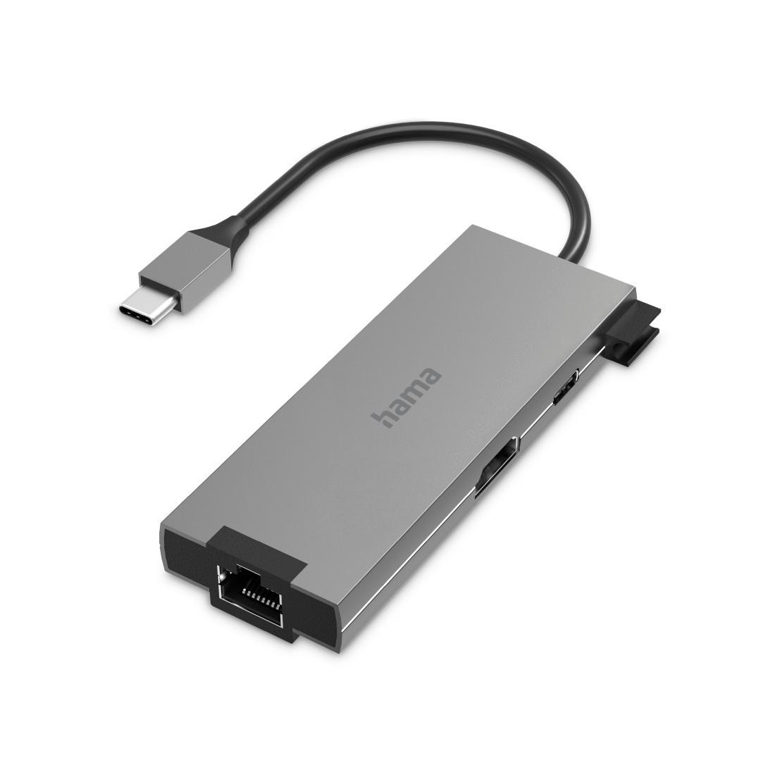 Hama USB-Adapter »USB-C Multiport Hub für Laptop mit 5 Ports, USB-A, USB-C, HDMI, LAN« USB-C zu HDMI RJ-45 (Ethernet) USB Typ A USB Typ C 15 cm Laptop Dockingstation, kompakt, robustes Gehäuse, silberfarben
