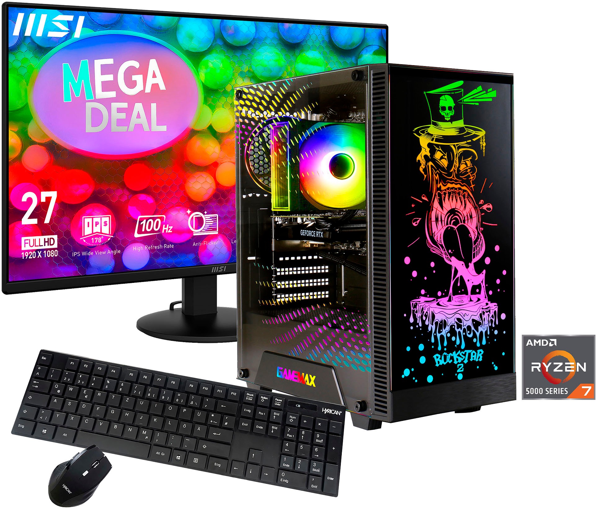 GAMEMAX Gaming-PC-Komplettsystem 'MegaDeal Rockstar 2897 AMD Ryzen 7 5700X 32GB 1TB SSD RTX 3060' 27 ″ AMD Ryzen 7 GeForce RTX 3060 32 GB RAM 1.000 GB SSD Windows 11 + MSI PRO MP272L LCD-Monitor, 68,6cm (27')