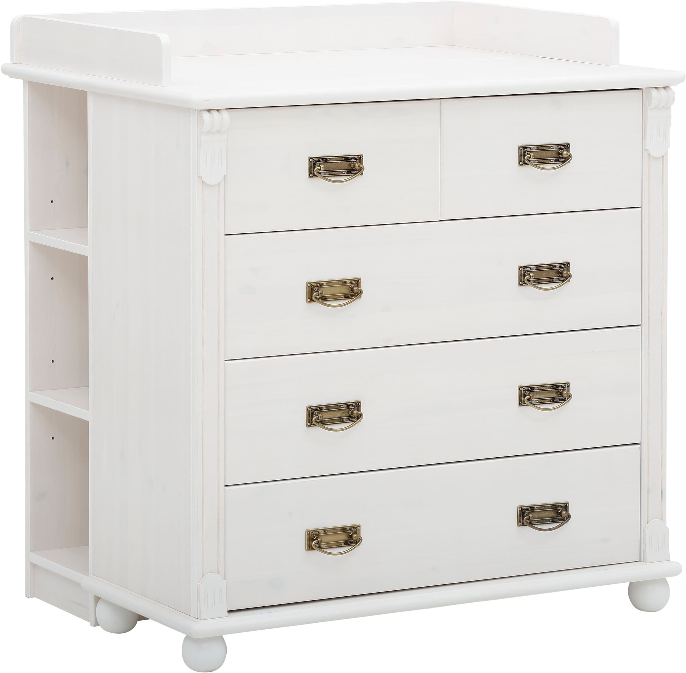 Lüttenhütt Babyzimmer-Komplettset »Aimo, luxoriöser Landhausstil, Messinggriffe,« Spar-Set, Kinderbett, Wickelkommode, Unterbauregal, 5 Schubladen, 3 Stk. tlg. aus Massivholz; FSC®-Holz aus gewissenhaft bewirtschafteten Wäldern