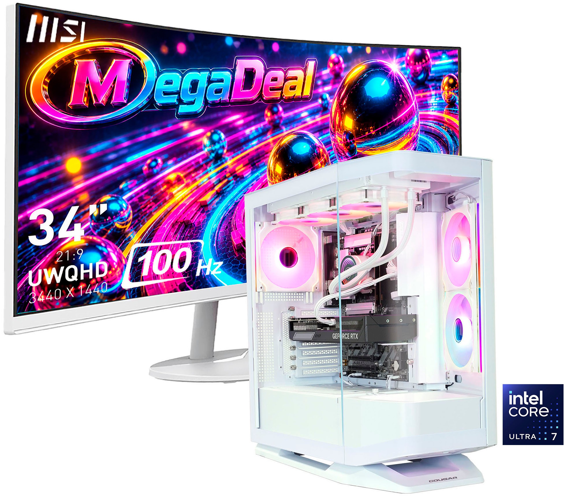 Cougar Gaming-PC-Komplettsystem 'MegaDeal FV270 WT 2893 Core Ultra 7 265KF 32GB DDR5 1TB SSD RTX 5070' 34 ″ Intel Core Ultra 7 GeForce RTX 5070 32 GB RAM 1.000 GB SSD Windows 11, DDR5 RAM+ MSI PRO MP341CQW LED-Monitor Curved 86,4 m (34')