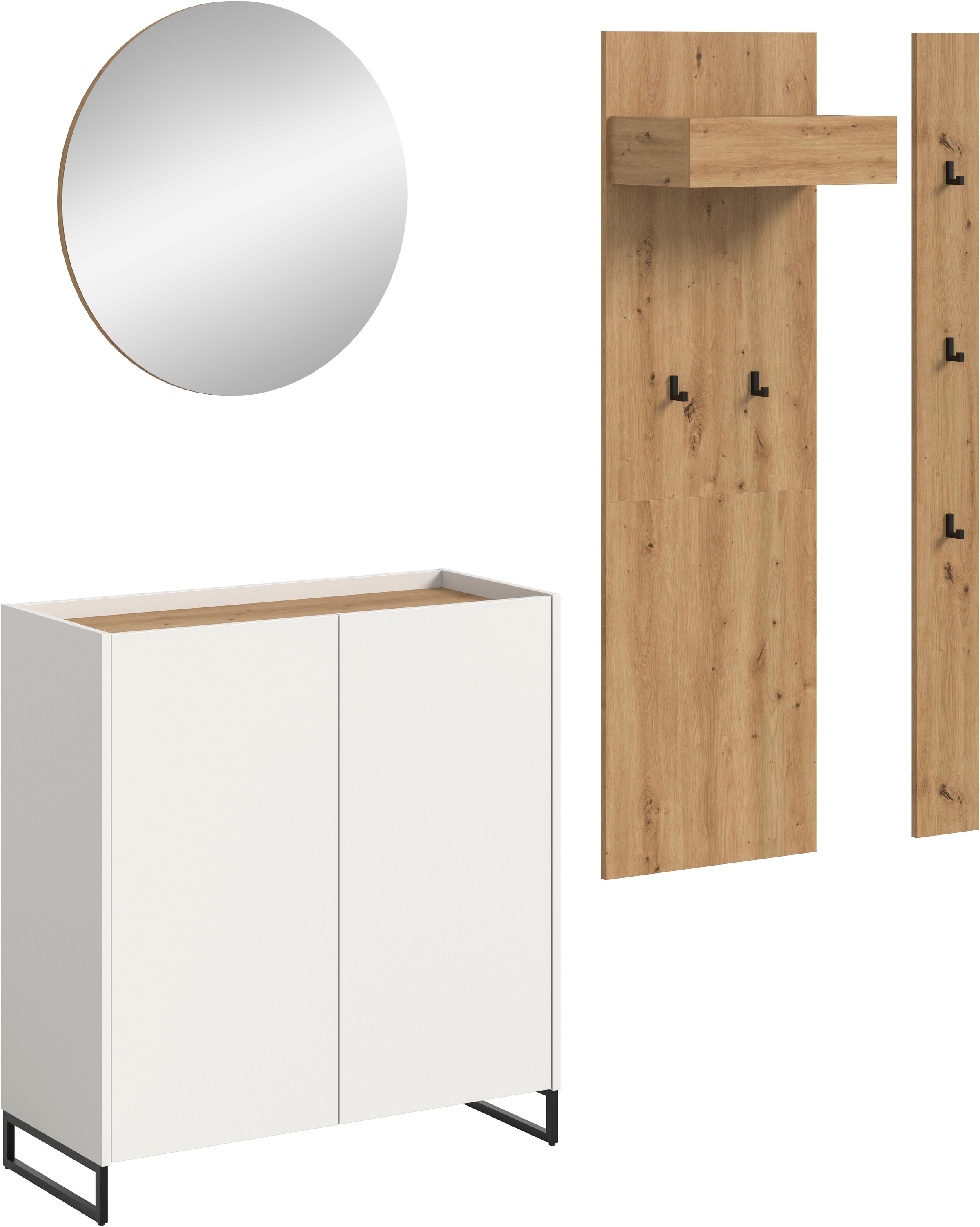 INOSIGN Garderoben-Set »EVRID, 4-teilig, Breite 206 cm, individuell stellbar & erweiterbar« best. aus: Kommode, Spiegel, Garderobenpaneel & Hakenleiste, 4 Stk. tlg. Garderobenkombination, Garderobe, Wandgarderobe, Flur, Diele