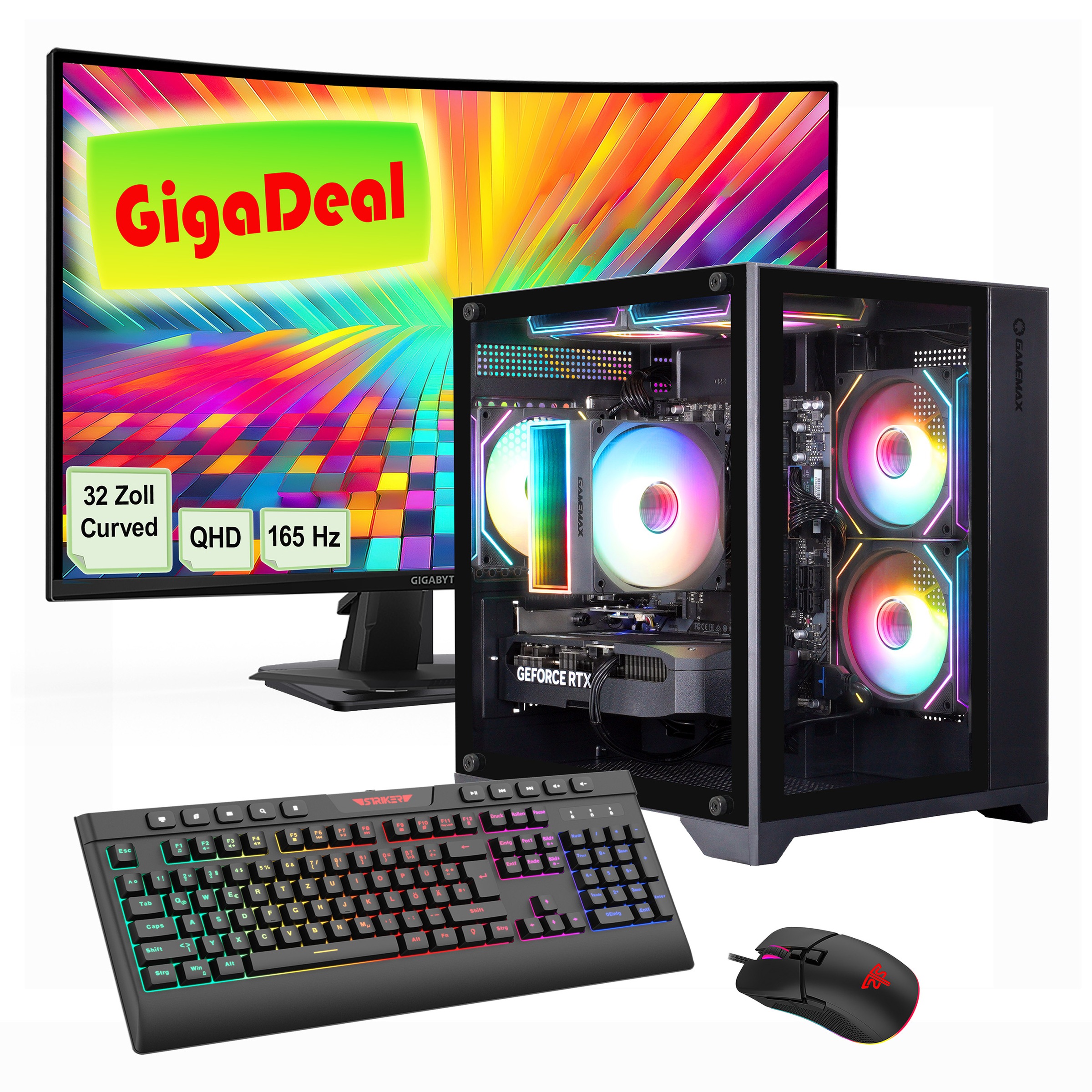GAMEMAX PC-Komplettsystem »GigaDeal Infinity Mini 2581 Ryzen 5 7500F RTX 5060Ti 32GB DDR5 1TB SSD« 32 ″ AMD Ryzen 5 GeForce RTX™ 5060Ti 32 GB RAM 1.000 GB SSD Windows 11 + Gigabyte GS32QC LED-Monitor Curved, 80 cm (32')