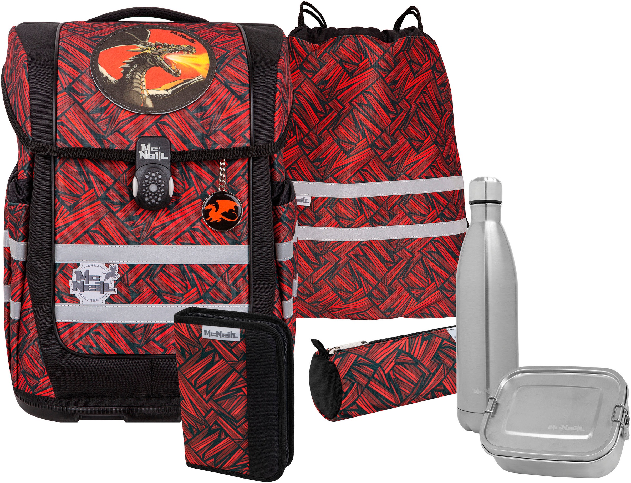 McNeill Schulranzen »Ergo Compacto, Zack« reflektierende Streifen auf den Schultergurten;retroreflektierende Flächen inkl. Federmäppchen, Turnbeutel, Schlamperrolle & Motivmagnet