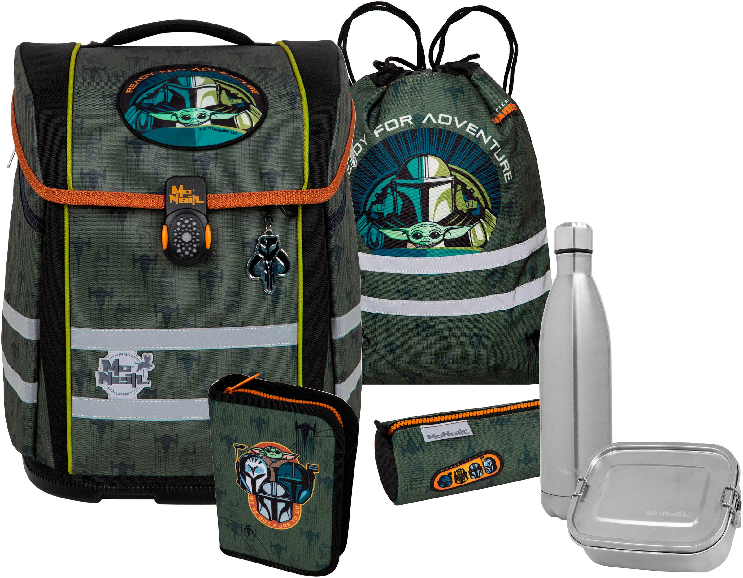 McNeill Schulranzen »Perfecto, Star Wars, Mandalorian« reflektierende Streifen auf den Schultergurten;retroreflektierende Flächen inkl. Federmäppchen, Turnbeutel, Schlamperrolle & Motivmagnet