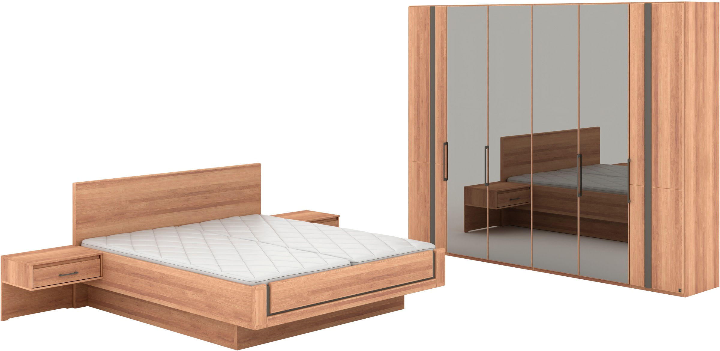 Musterring Schlafzimmer-Set »Sorrent, Kleiderschrank, Bett & Nachtkommoden, teilmassiv Eiche« 2er-Set Nachtschränke, Drehtürenschrank 300 cm, Bett 180x200 cm, Bett schwebende Optik, Eiche teilmassiv, Spiegeltüren in Parsol-Bronze