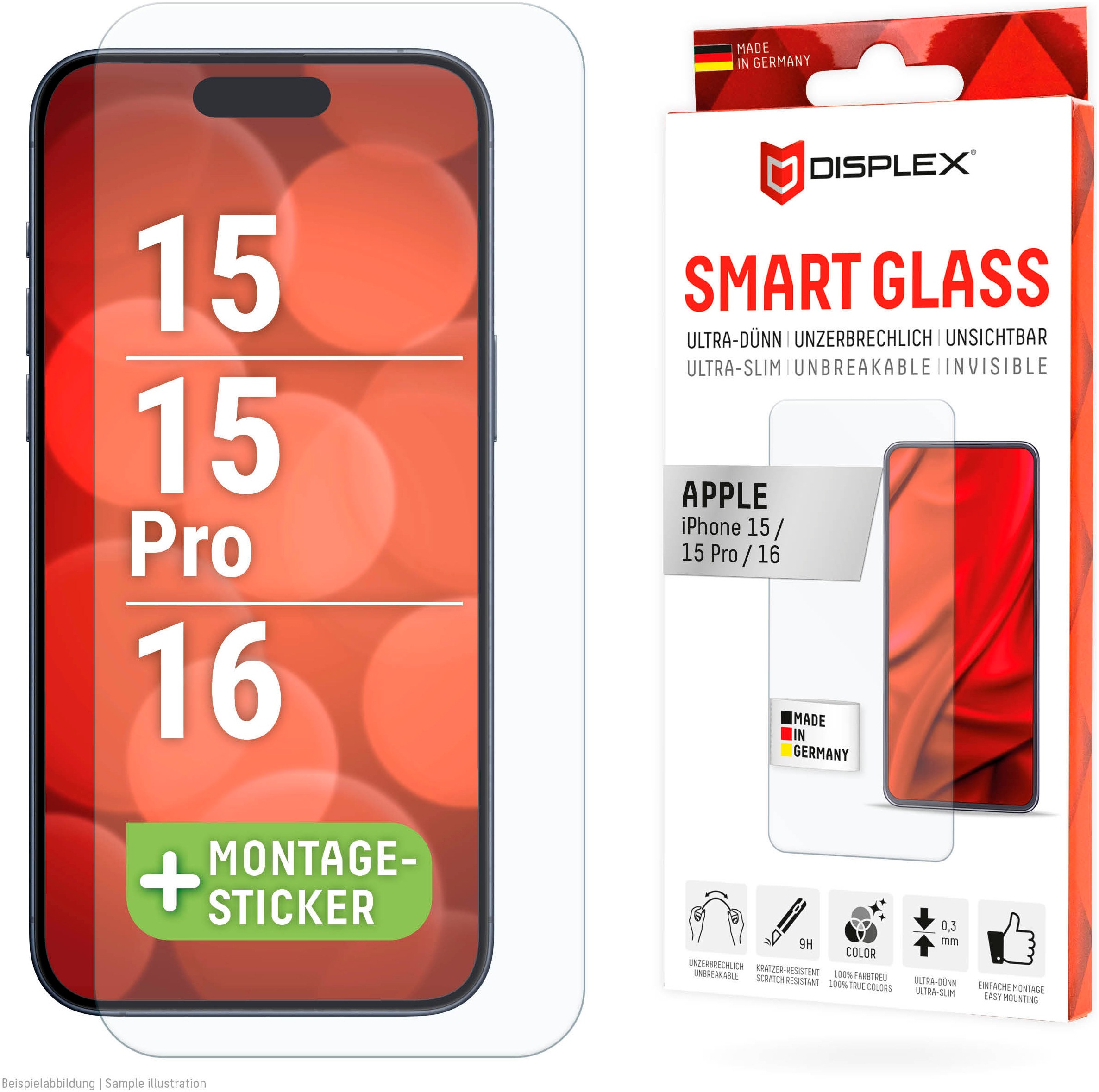Displex Displayschutzglas »Smart Glass Screen Protection« für Apple iPhone 15;Apple iPhone 15 Pro;Apple iPhone 16 Displayschutzfolie, Schutzfolie, Bildschirmschutz, kratz- & stoßfest