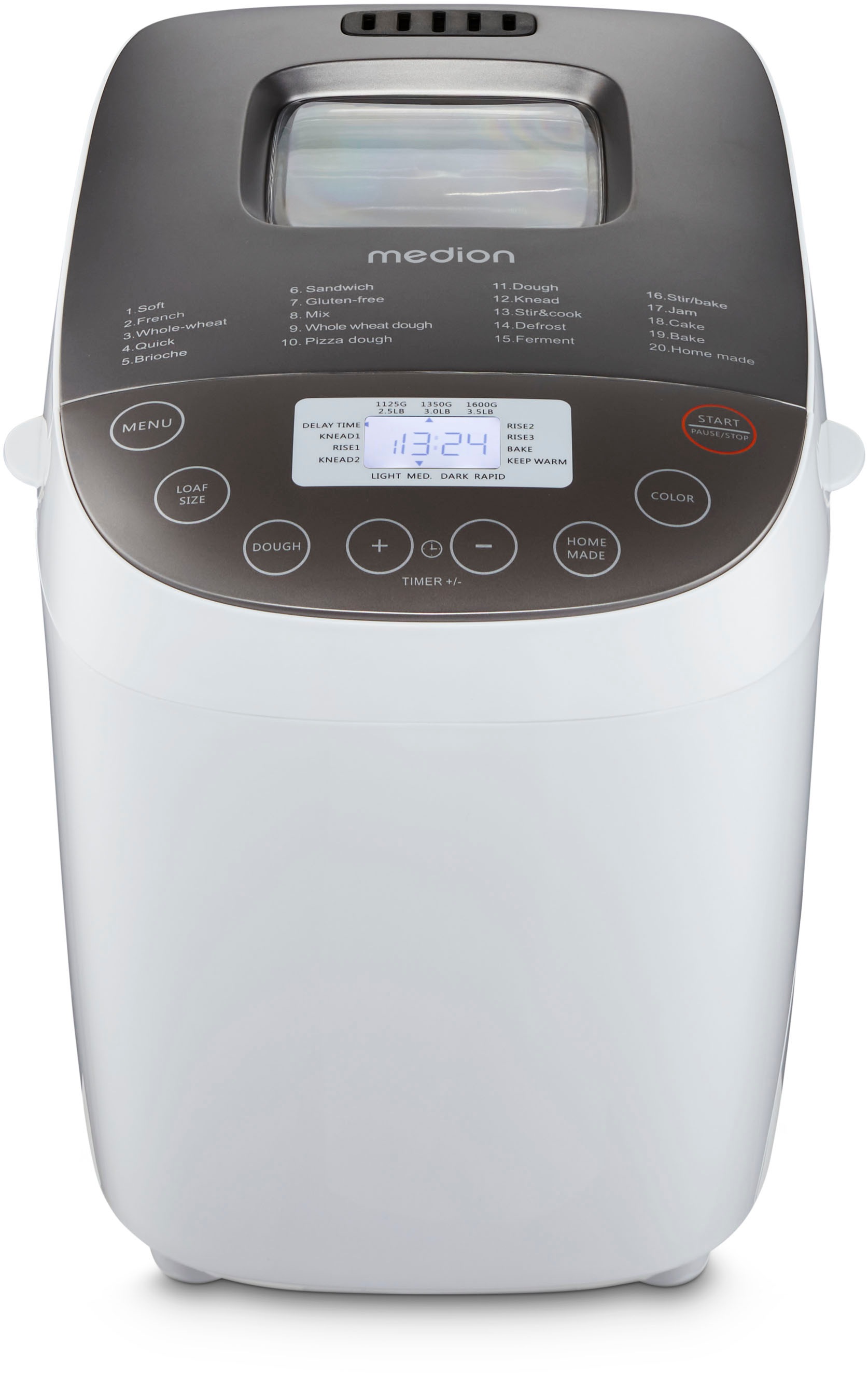 Medion Brotbackautomat 'MD 12040, 20 Backprogramme, 3 Bräunungssufen, doppelter Knethaken' 20 Programme 950 W Bis zu 1600g Fassungsvermögen, Warmhaltefunktion, ILAG Beschichtung