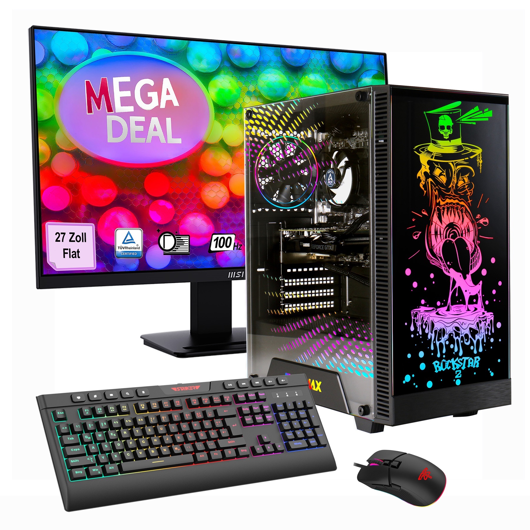 GAMEMAX Gaming-PC-Komplettsystem »MegaDeal Rockstar 2651 AMD Ryzen 7 5700X RTX 5060Ti 32GB DDR4 1TB SSD« 27 ″ AMD Ryzen 7 GeForce RTX™ 5060 Ti 32 GB RAM 1.000 GB SSD Windows 11 + MSI PRO MP273A Monitor, 69cm (27')
