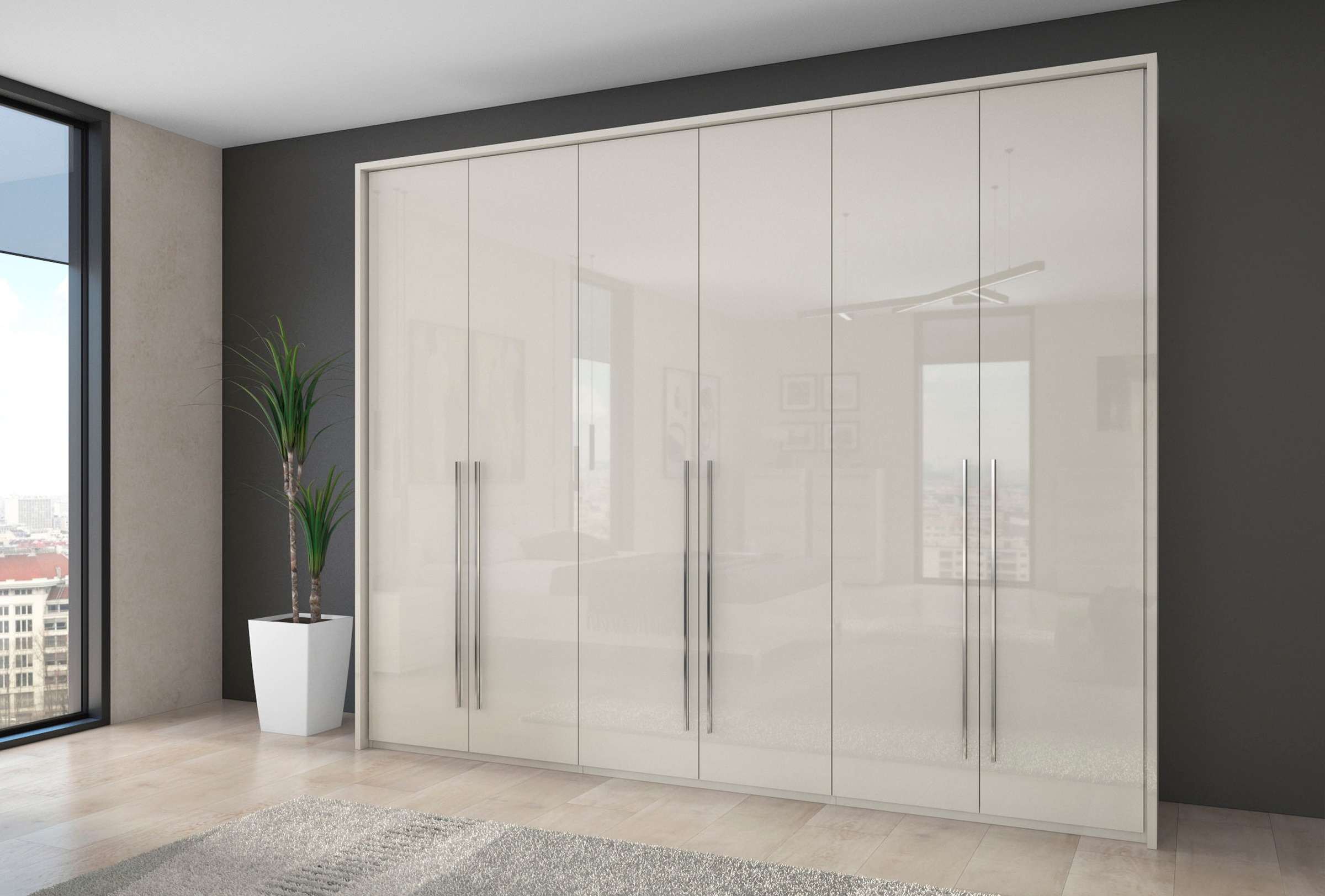 PLACES OF STYLE Kleiderschrank »Piano, inklusive Rahmen und Beleuchtung, soft-close-Funktion« viele Breiten zur Auswahl, 226cm hoch, beige oder weiß, UV lackiert, Hochglanzfronten, FSC-zertifiziert