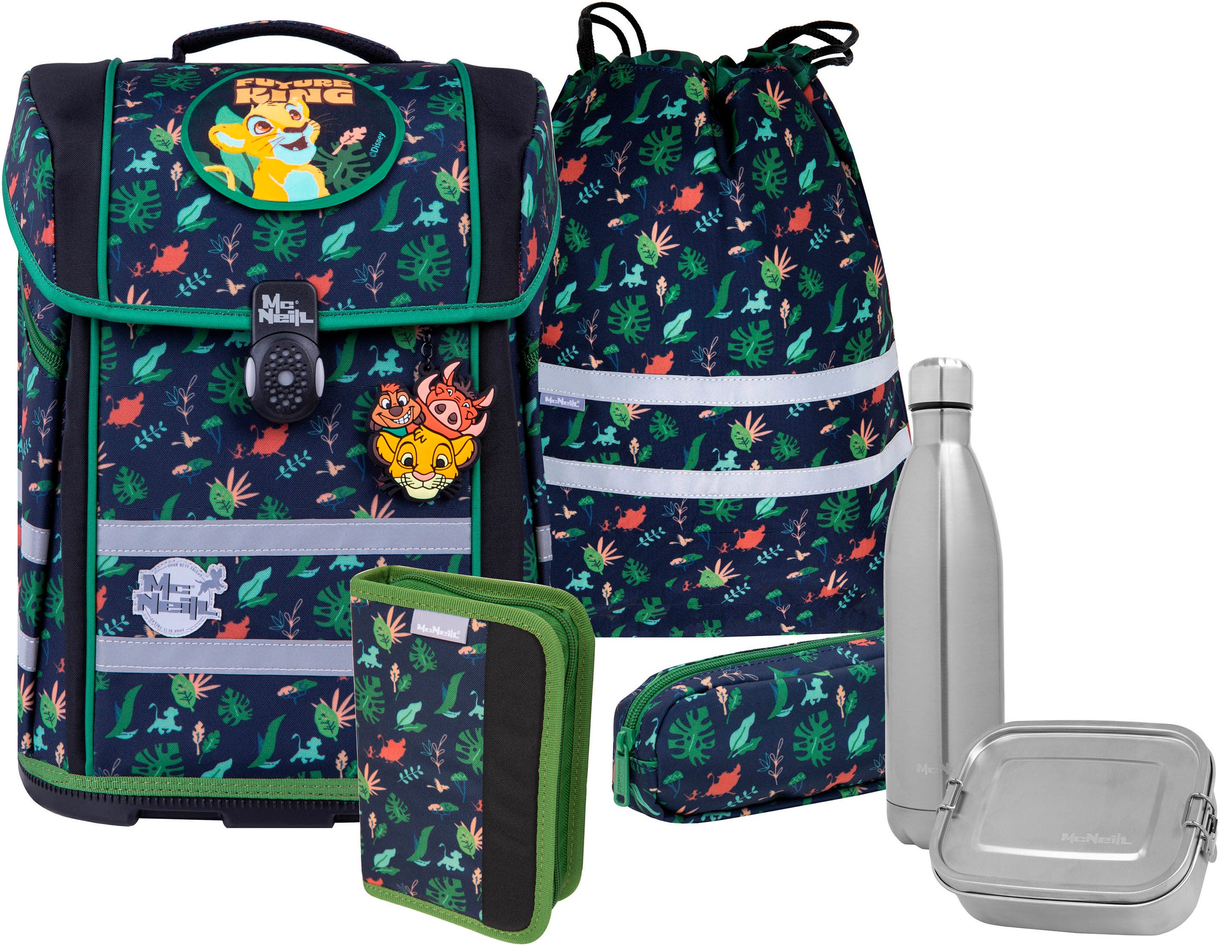 McNeill Schulranzen »Perfecto, Lion King« reflektierende Streifen auf den Schultergurten;retroreflektierende Flächen inkl. Federmäppchen, Turnbeutel, Schlamperrolle & Motivmagnet