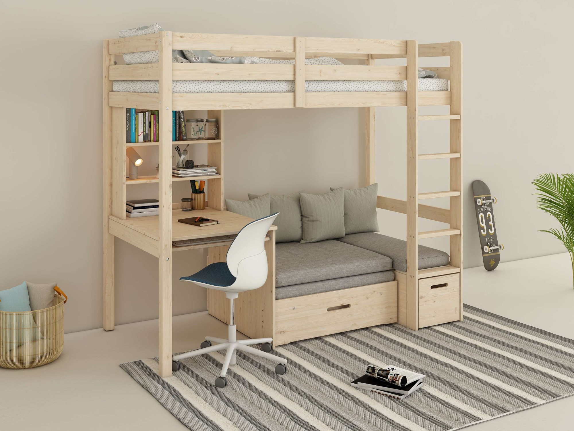 Lüttenhütt Etagenbett »HENNE' TOPSELLER! Hochbett, Ideal für kleine Räume, 2 Schlafplätze« zweiter Schlafplatz ausziehbar, B/H/T ca. 208/180/105cm, mit Polsterauflagen+ Schreibtisch + Stauraum, mehrere Farben