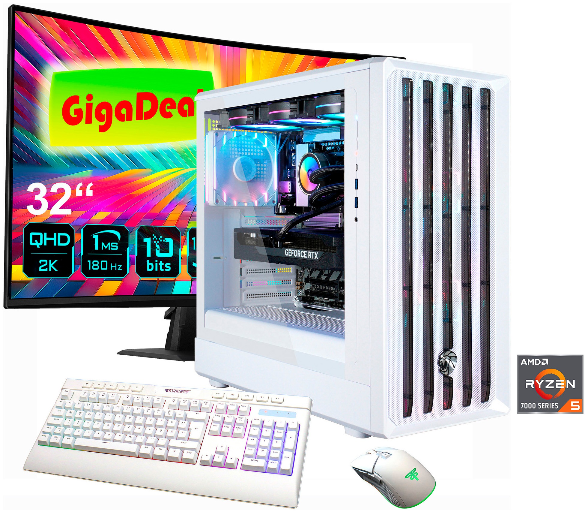 GAMEMAX Gaming-PC-Komplettsystem 'GigaDeal CLAW WH 2800 AMD Ryzen 5 7500F 32GB DDR5 1TB SSD RTX 5070' 32 ″ AMD Ryzen 5 GeForce RTX™ 5070 32 GB RAM 1.000 GB SSD Windows 11, DDR5 RAM + Gigabyte GS32QCA LED-Monitor Curved, 80 cm 32'