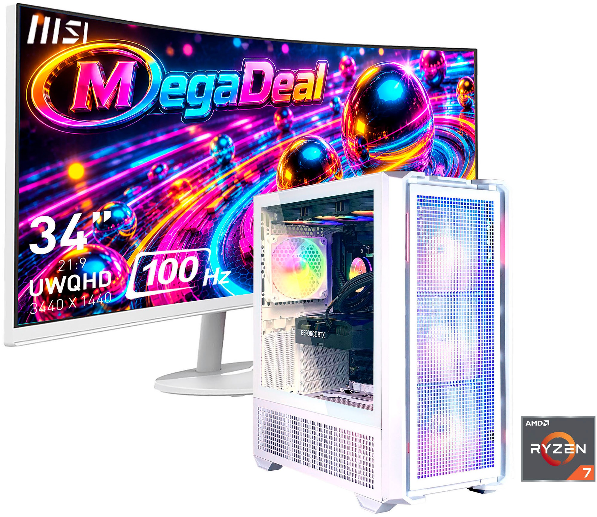 Cougar Gaming-PC-Komplettsystem 'MegaDeal MX600 WT 2891 AMD Ryzen 7 9700X 32GB DDR5 1TB SSD RTX 5070' 34 ″ AMD Ryzen 7 GeForce RTX 5070 32 GB RAM 1.000 GB SSD Windows 11, DDR5 RAM+ MSI PRO MP341CQW LED-Monitor Curved 86,4 m (34')