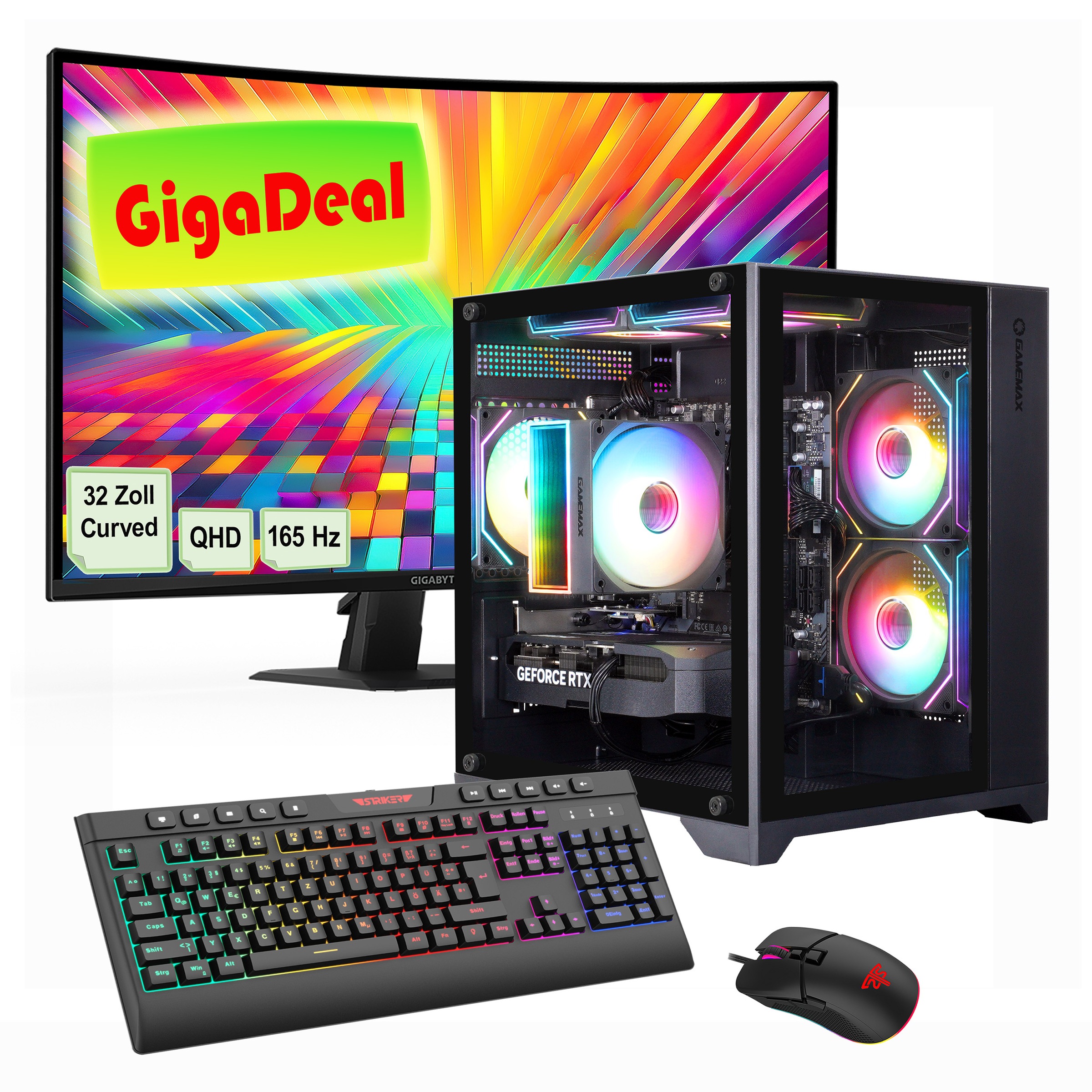 GAMEMAX PC-Komplettsystem »GigaDeal Infinity Mini 2575 Ryzen 5 7500F RTX 5070 32GB DDR5 1TB SSD« 32 ″ AMD Ryzen 5 GeForce RTX™ 5070 32 GB RAM 1.000 GB SSD Windows 11 + Gigabyte GS32QC LED-Monitor Curved, 80 cm (32')