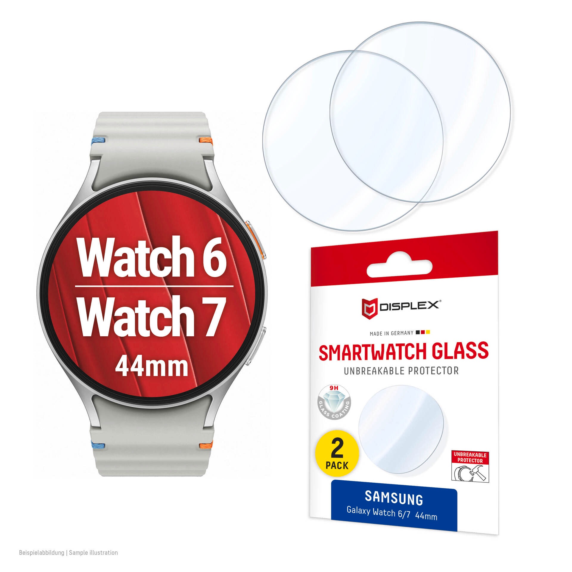 Displex Displayschutzglas »Smartwatch Glass Unbreakable Protector« für Samsung Galaxy Watch6 44 mm;Samsung Galaxy Watch7 44 mm Packung, 2x Hybrid Glass, Displayschutzfolie, Schutzfolie, Bildschirmschutz, kratz- & stoßfest