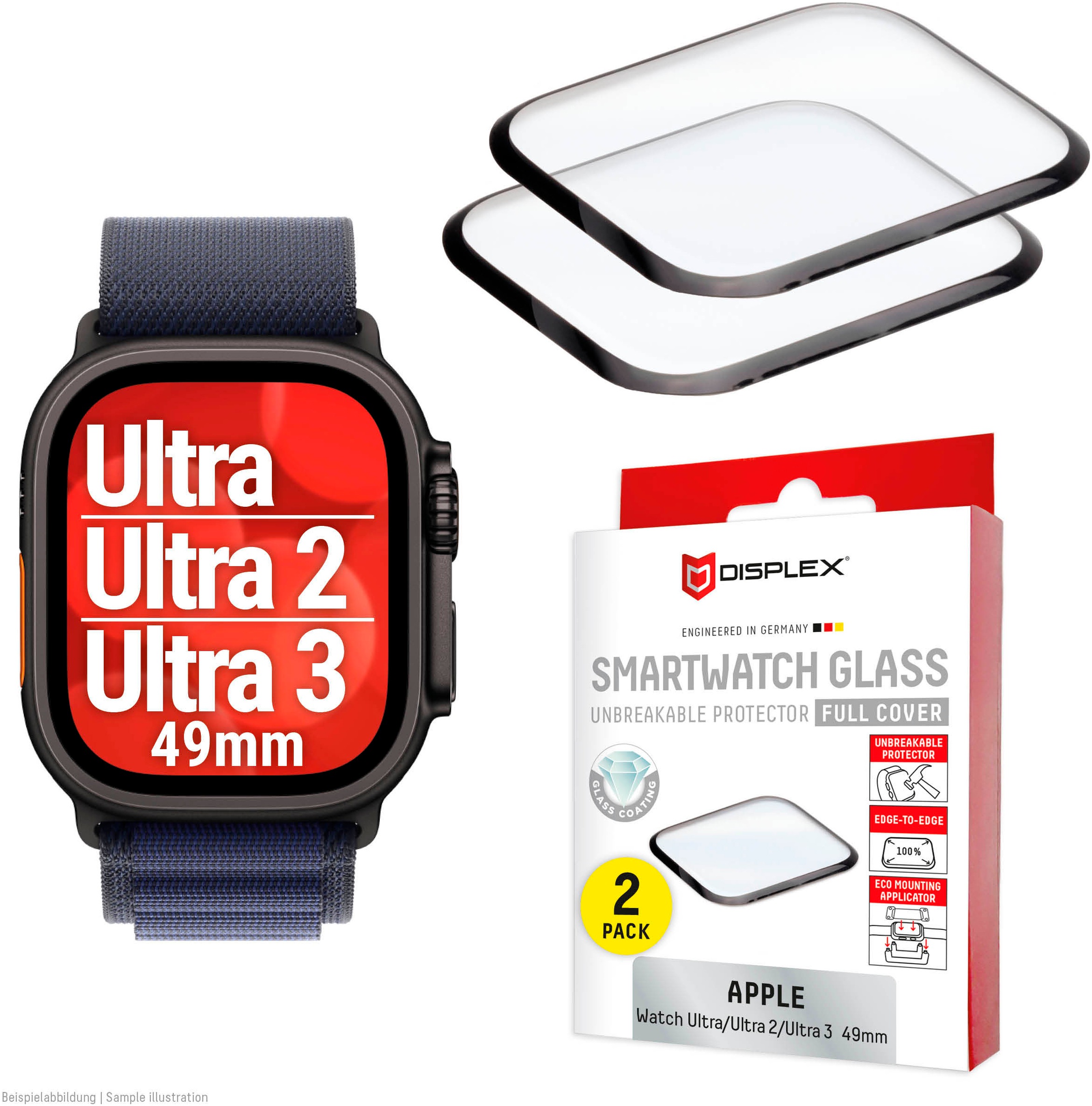 Displex Displayschutzglas »Smartwatch Glass Unbreakable Protector Full Cover« für Apple Watch Ultra 49 mm;Apple Watch Ultra 2 49 mm;Apple Watch Ultra 3 49 mm Packung, 2x Acrylglas Protector, Displayschutzfolie, kratz- & stoßfest