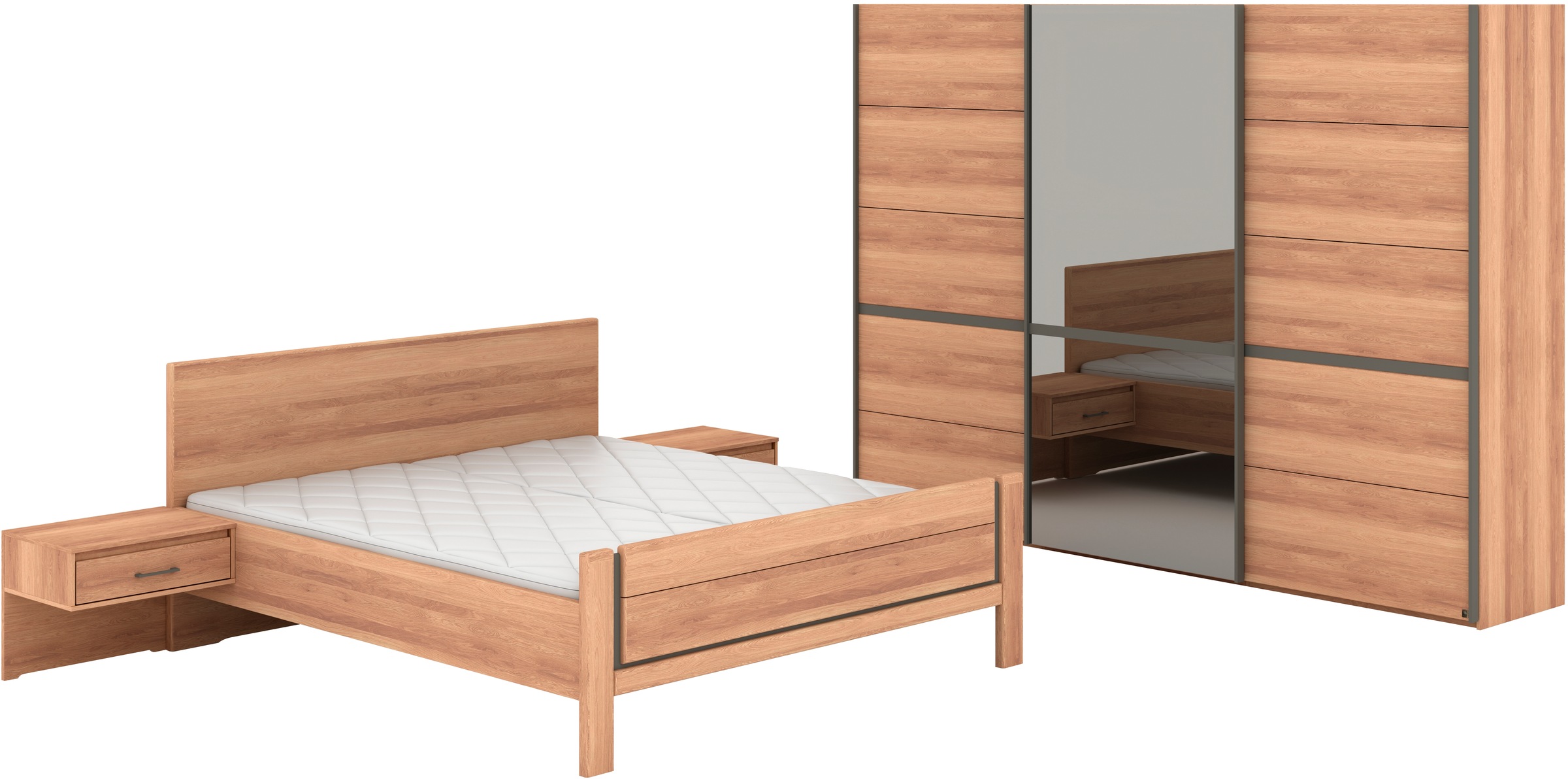 Musterring Schlafzimmer-Set »Sorrent, Kleiderschrank, Bett & Nachtkommoden, teilmassiv Eiche« 2er-Set Nachtschränke, Schwebetürenschrank 300 cm, Bett 180x200 cm, mit Schwebetürenschrank, Bett mit Stollenfuß, Breite Schrank 300 cm