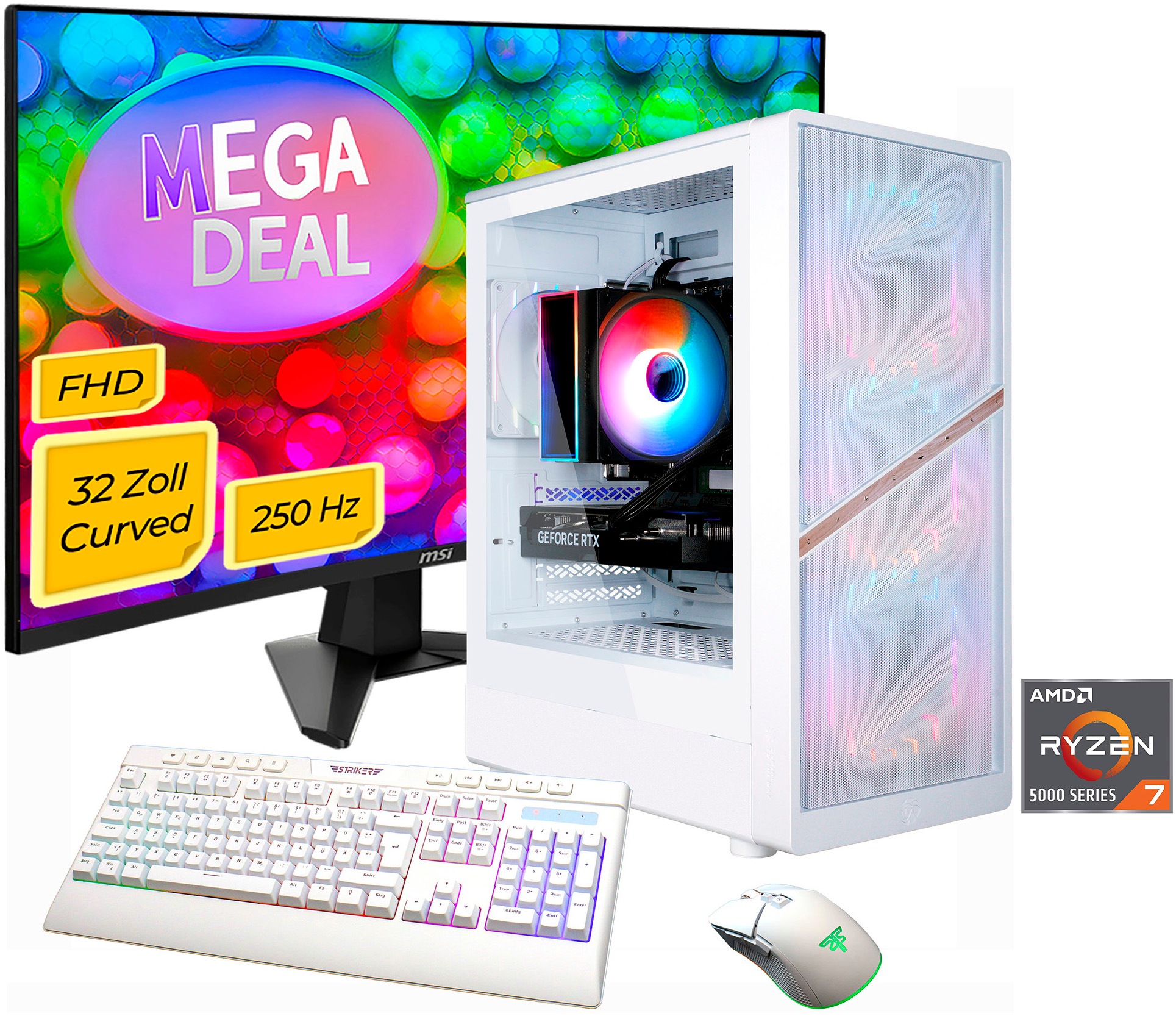GAMEMAX Gaming-PC-Komplettsystem 'MegaDeal AERIS MW 2874 AMD Ryzen 7 5700X 32GB 1TB SSD RTX 5060' 32 ″ AMD Ryzen 7 GeForce RTX 5060 32 GB RAM 1.000 GB SSD Windows 11 + MSI MAG 32C6X Curved Monitor 80cm (32')