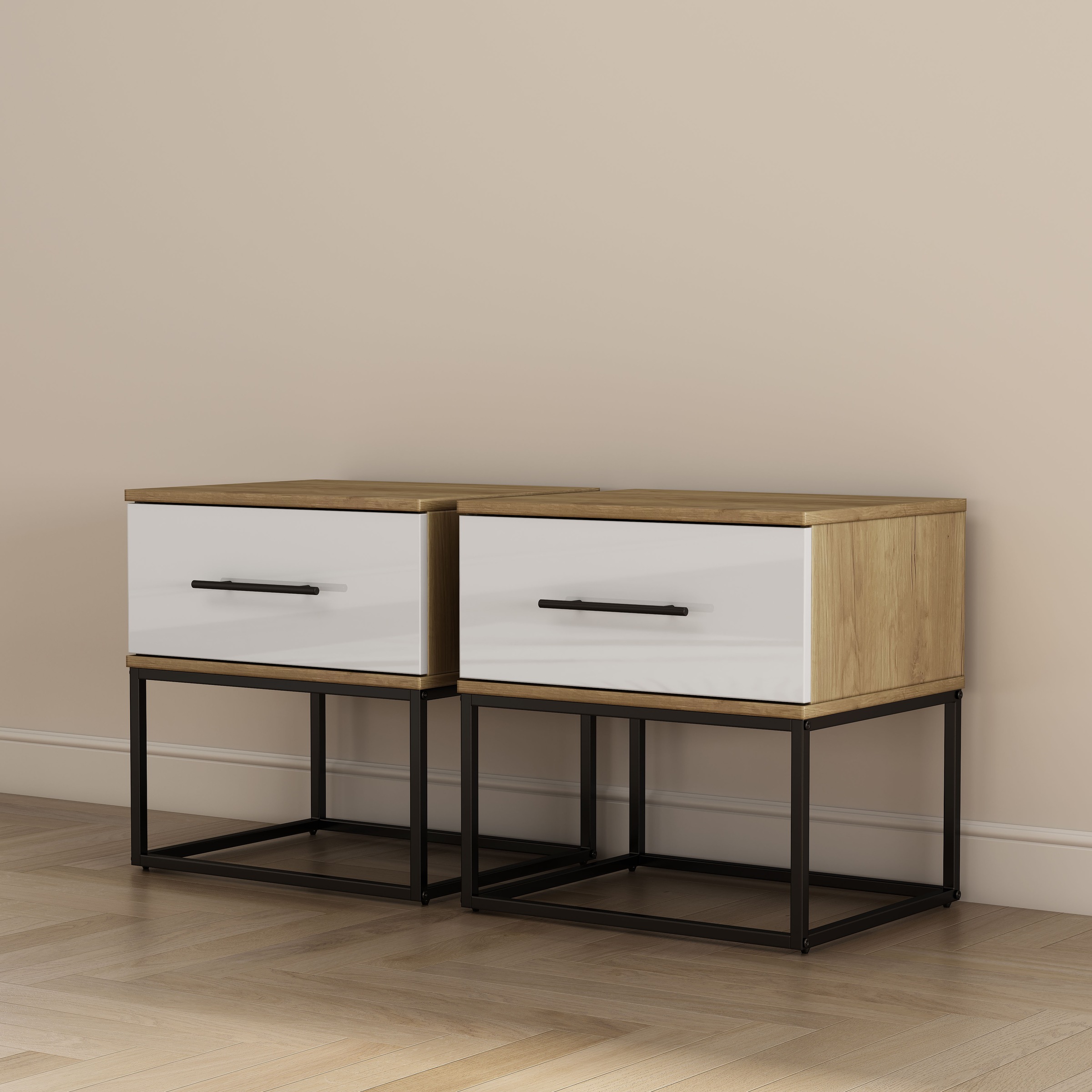 OTTO home Nachtkommode »Lucca Nachttisch Set mit Metallkufen und schwarzen Griffen« Set, 2 Schränke im Set, Hochglanz Fronten in weiß, Nchttisch Set mit je einer Schublade in Loft Design