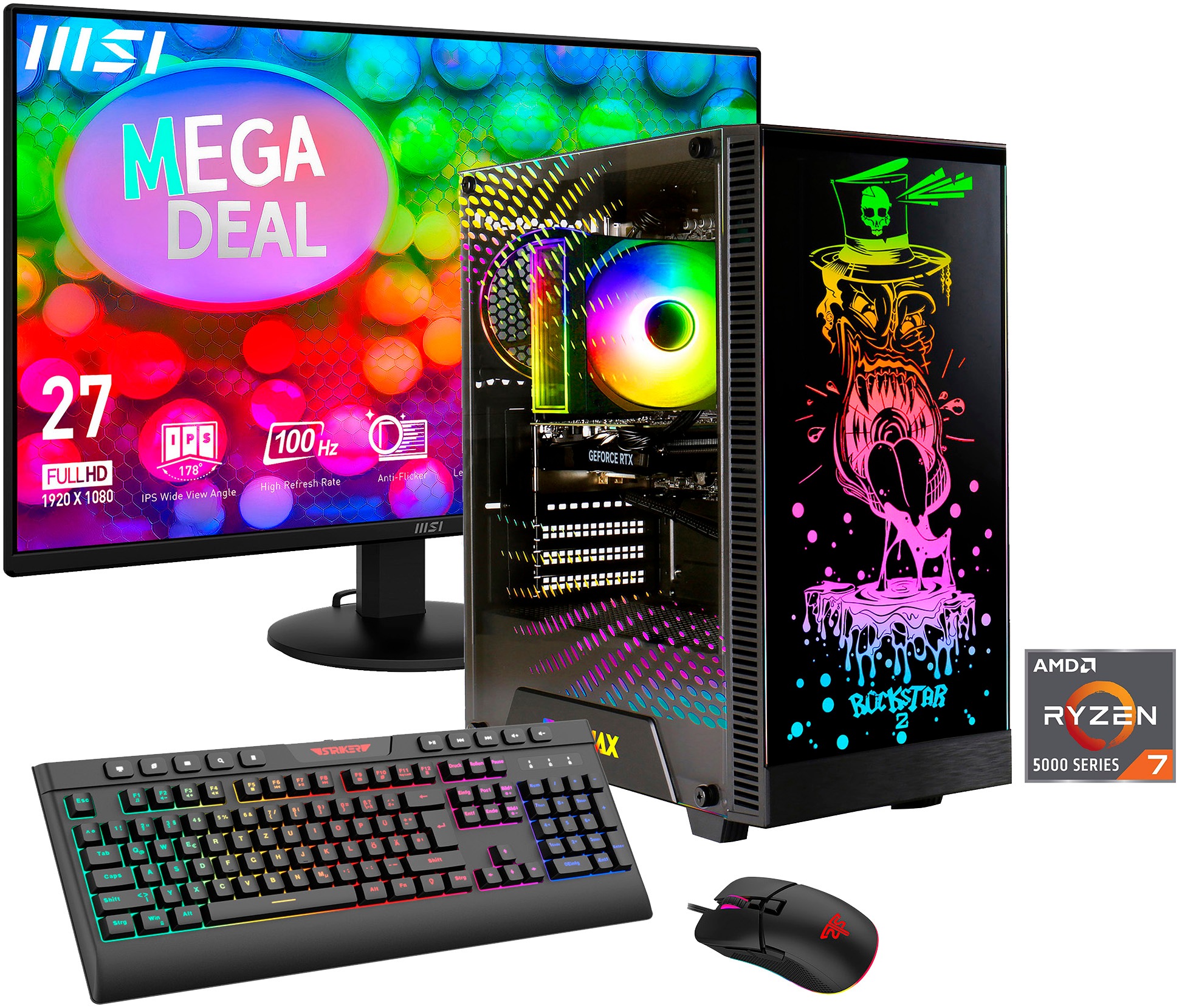 GAMEMAX Gaming-PC-Komplettsystem 'MegaDeal Rockstar 2857 AMD Ryzen 7 5700X 16GB 1TB SSD RTX 5060' 27 ″ AMD Ryzen 7 GeForce RTX 5060 16 GB RAM 1.000 GB SSD Windows 11 + MSI PRO MP272L LCD-Monitor, 68,6cm (27')