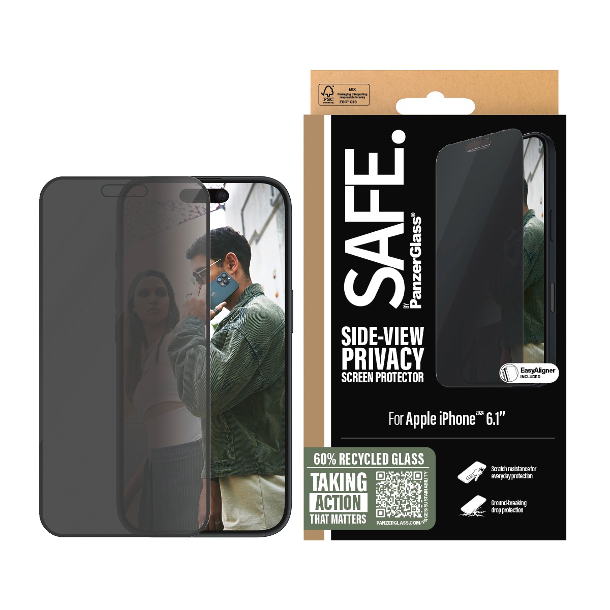 SAFE by PanzerGlass Displayschutzglas »Side-View Privacy Screen Protection« für Apple iPhone 16;Apple iPhone 15 1 Stk. tlg. Displayschutzfolie, Schutzfolie, Bildschirmschutz, kratz- & stoßfest