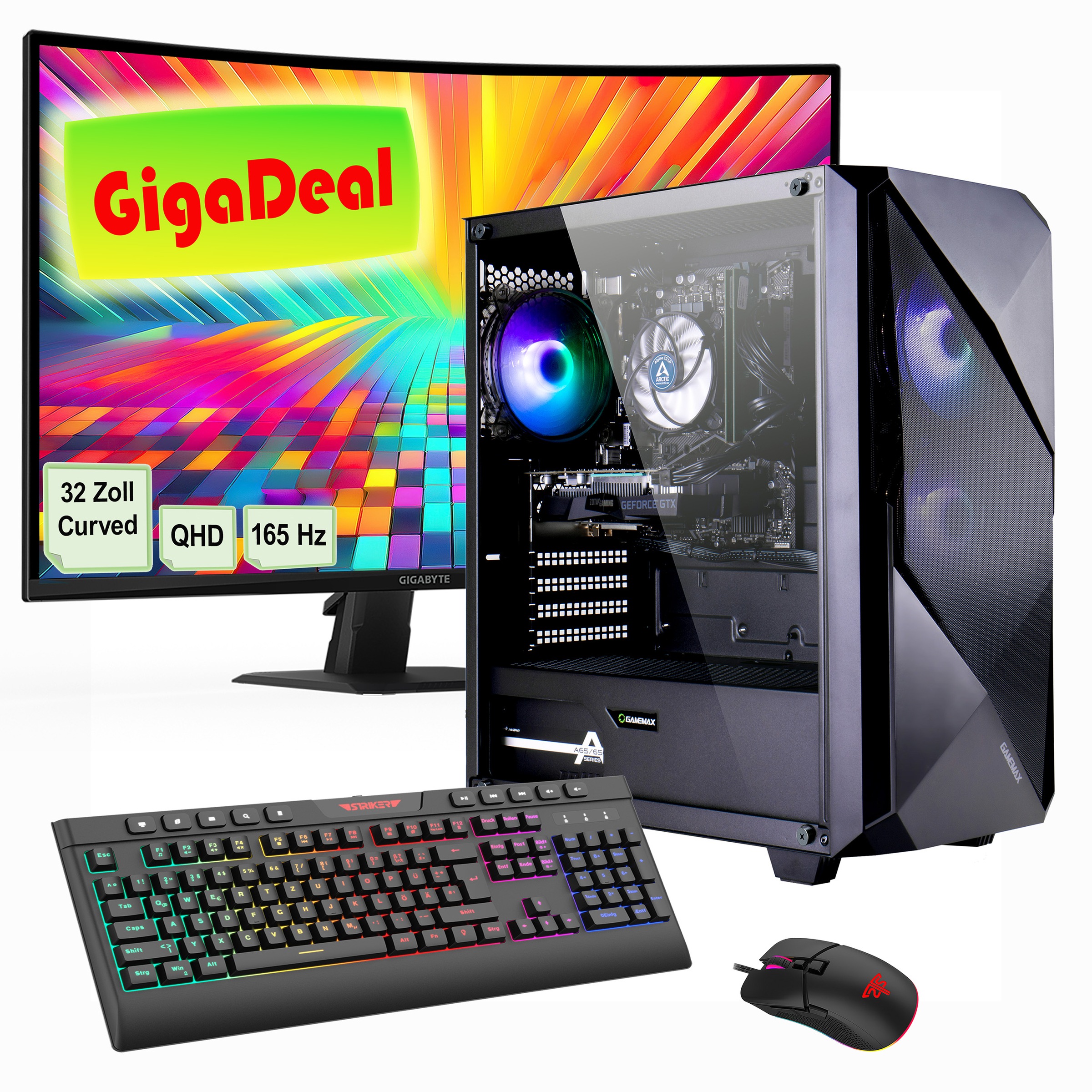 GAMEMAX PC-Komplettsystem »GigaDeal Striker 2562 AMD Ryzen 7 9700X RTX 5060Ti 32GB DDR5 1TB SSD« 32 ″ AMD Ryzen 7 GeForce RTX™ 5060Ti 32 GB RAM 1.000 GB SSD Windows 11, DDR5 RAM + Gigabyte GS32QC LED-Monitor Curved, 80 cm (32')