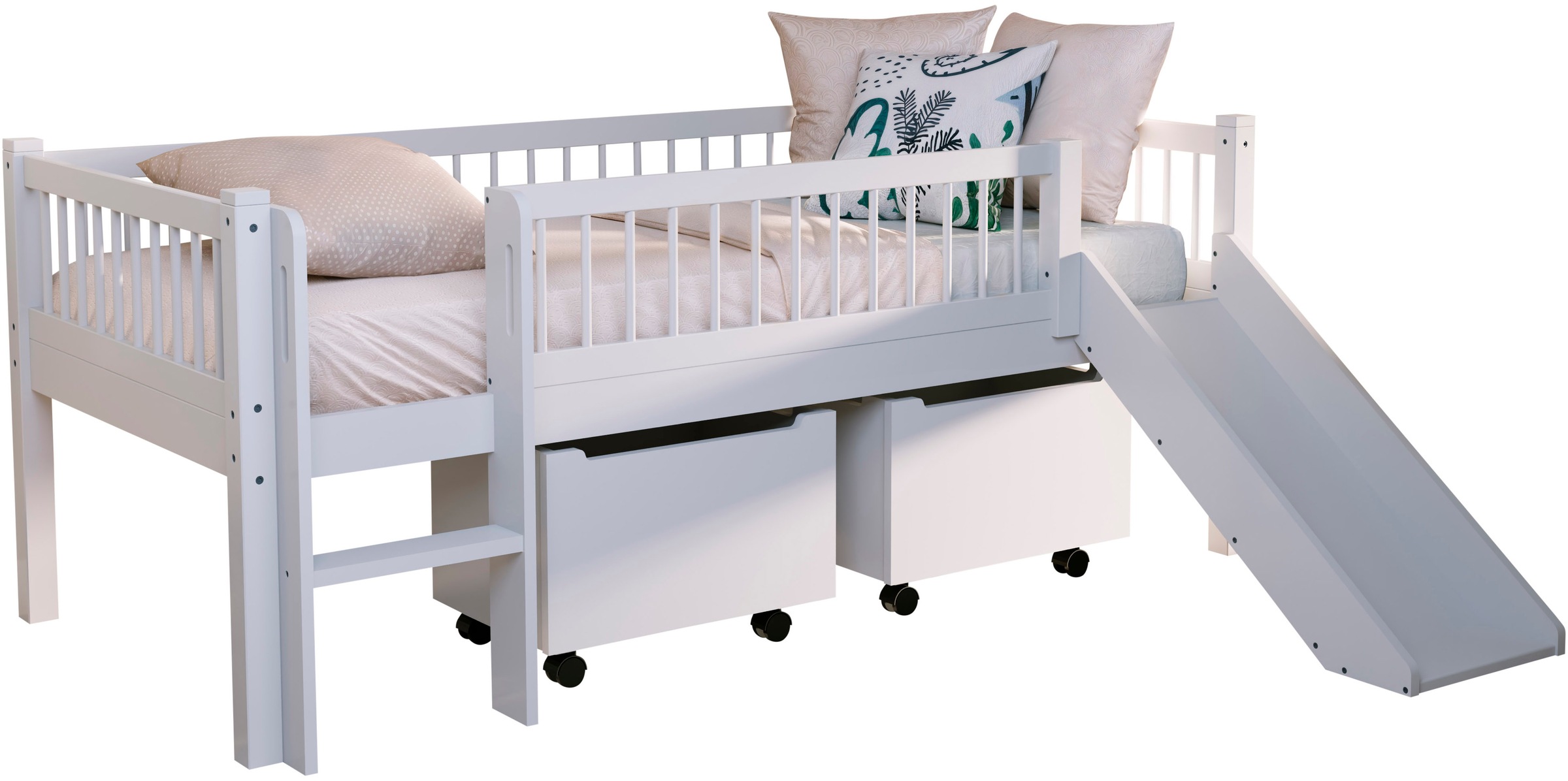 Vipack Massivholzbett »Forrest Made in Europe, stabil und hochwertig gebaut, mit 2 Rollboxen« 90/200 cm, mit Rollrost, Leiter und Rutsche, seitenverkehrt montierbar, inkl. umlaufenden Absturzschutz in Sprossenoptik, Buche weiß lackiert