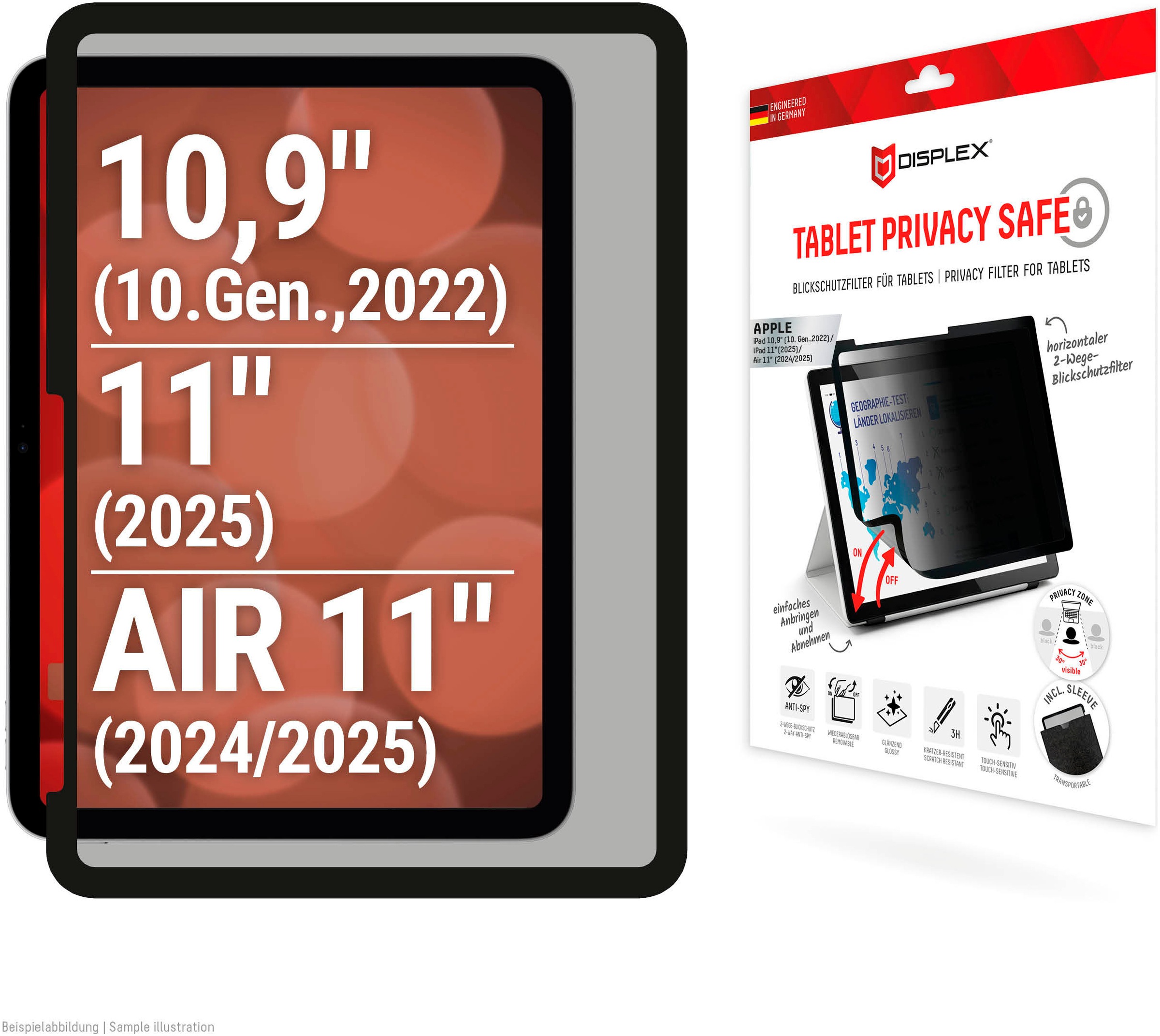 Displex Displayschutzfolie »Tablet Privacy Safe« für Apple iPad 10,9' (10. Gen., 2022);Apple iPad 11' (2025);Apple iPad Air 11' (2024/2025) Blickschutzfolie, Schutzfolie, Bildschirmschutz, kratz- & stoßfest
