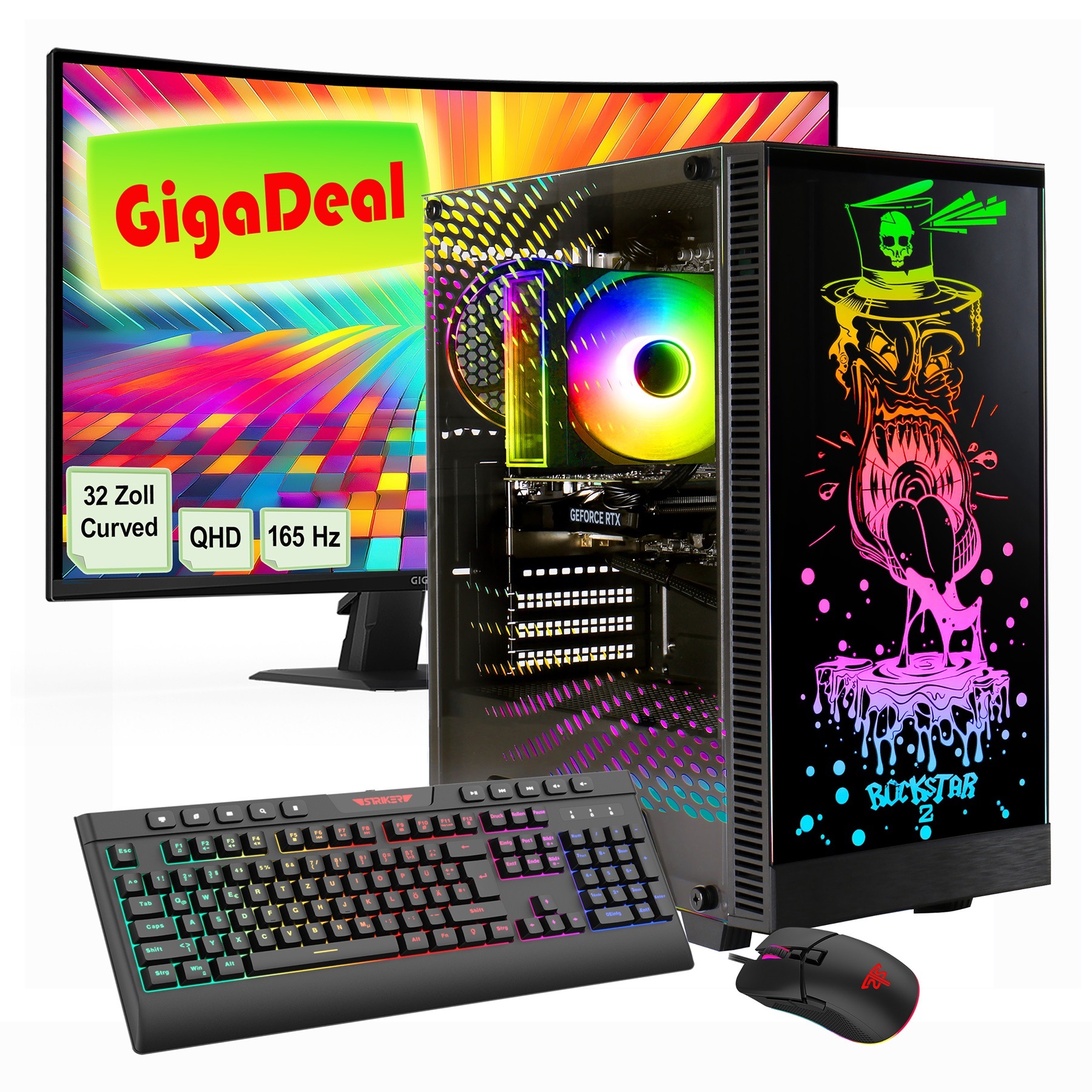 GAMEMAX Gaming-PC-Komplettsystem »GigaDeal Rockstar SET2635« 32 ″ AMD Ryzen 5 GeForce RTX™ 5070 32 GB RAM 1.000 GB SSD Windows 11, DDR5 RAM + Gigabyte GS32QC LED-Monitor Curved, 80 cm (32')