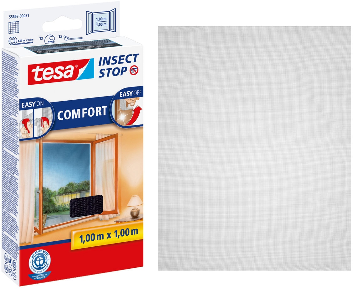 tesa Insektenschutz-Fensterrahmen »Insect Stop Comfort Fliegengitter für Fenster - 1.0 m : 1.0 m« Packung, Fliegennetz, Klettband, Andrück und Schneidehilfe, 1 Stk. tlg. Insektenschutzgitter - Fliegenetz ohne Bohren -zuschneidbar
