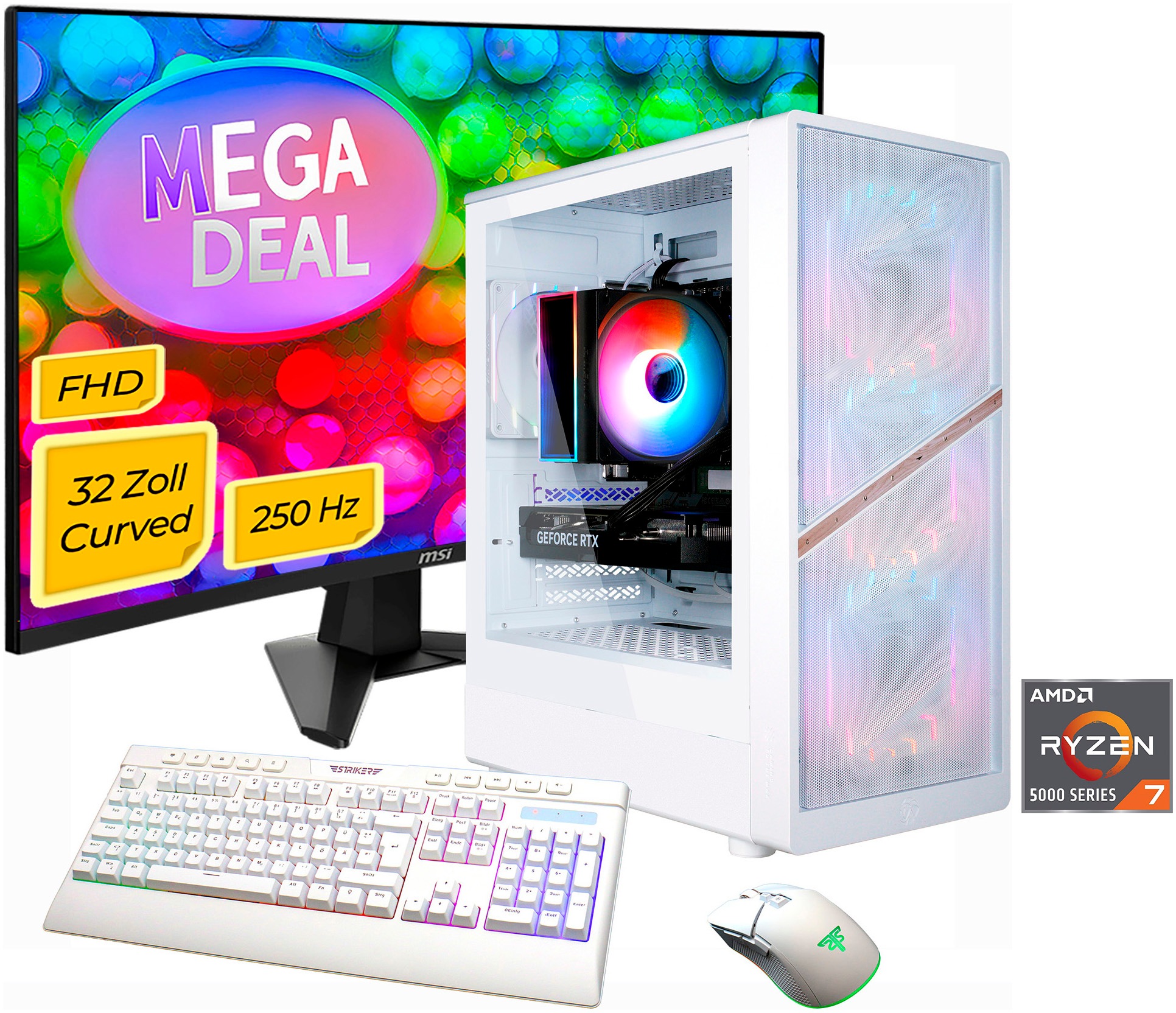 GAMEMAX Gaming-PC-Komplettsystem 'MegaDeal AERIS MW 2865 AMD Ryzen 7 5700X 16GB 1TB SSD RTX 5060' 32 ″ AMD Ryzen 7 GeForce RTX 5060 16 GB RAM 1.000 GB SSD Windows 11 + MSI MAG 32C6X Curved Monitor 80cm (32')