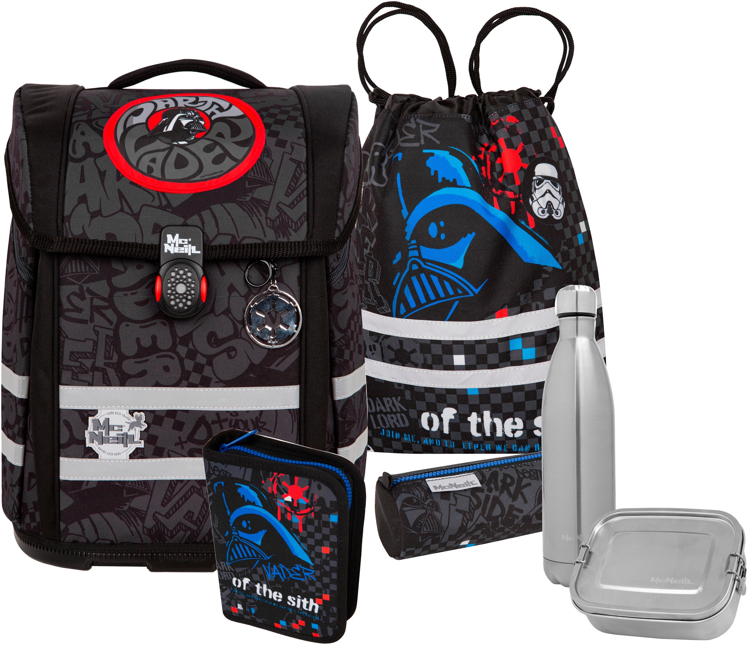 McNeill Schulranzen »Perfecto, Star Wars, Darth Vader« reflektierende Streifen auf den Schultergurten;retroreflektierende Flächen inkl. Federmäppchen, Turnbeutel, Schlamperrolle & Motivmagnet