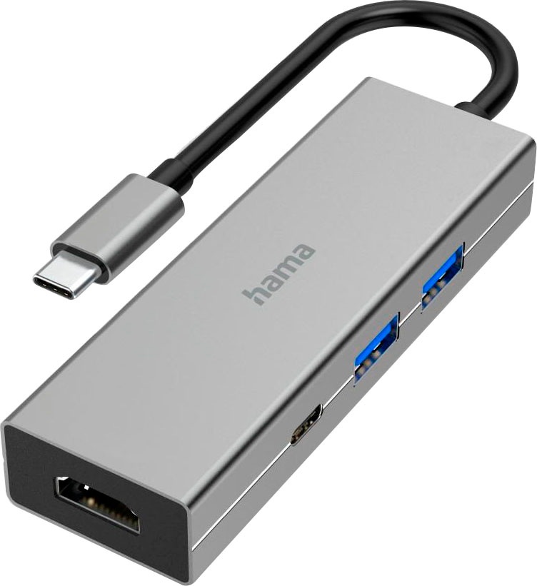 Hama USB-Adapter »USB-C Multiport Hub für Laptop mit 4 Ports, USB-A, USB-C, HDMI« USB-C zu HDMI USB Typ A USB-C 15 cm Laptop Dockingstation, kompakt, robustes Gehäuse, silberfarben