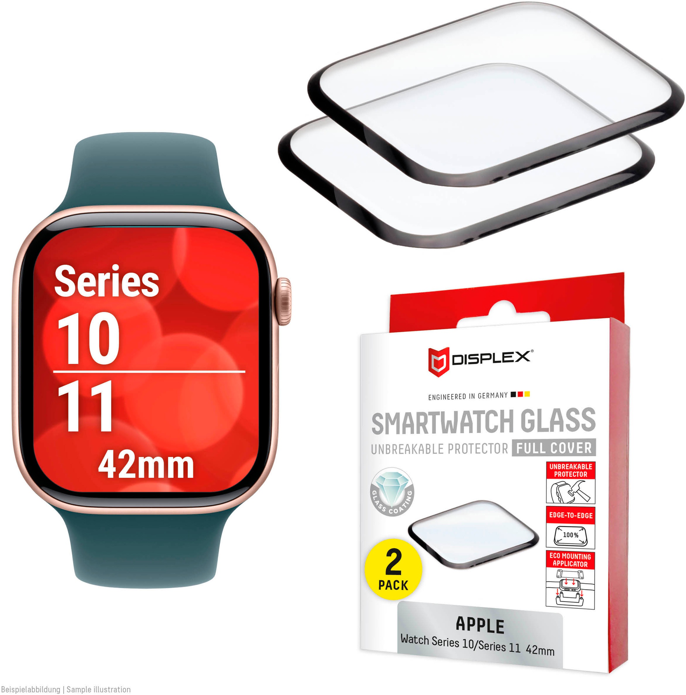 Displex Displayschutzglas »Smartwatch Glass Unbreakable Protector Full Cover« für Apple Watch Series 10 42 mm;Apple Watch Series 11 42 mm Packung, 2x Acrylglas Protector, Displayschutzfolie, Schutzfolie, Bildschirmschutz, kratz- & stoßfest