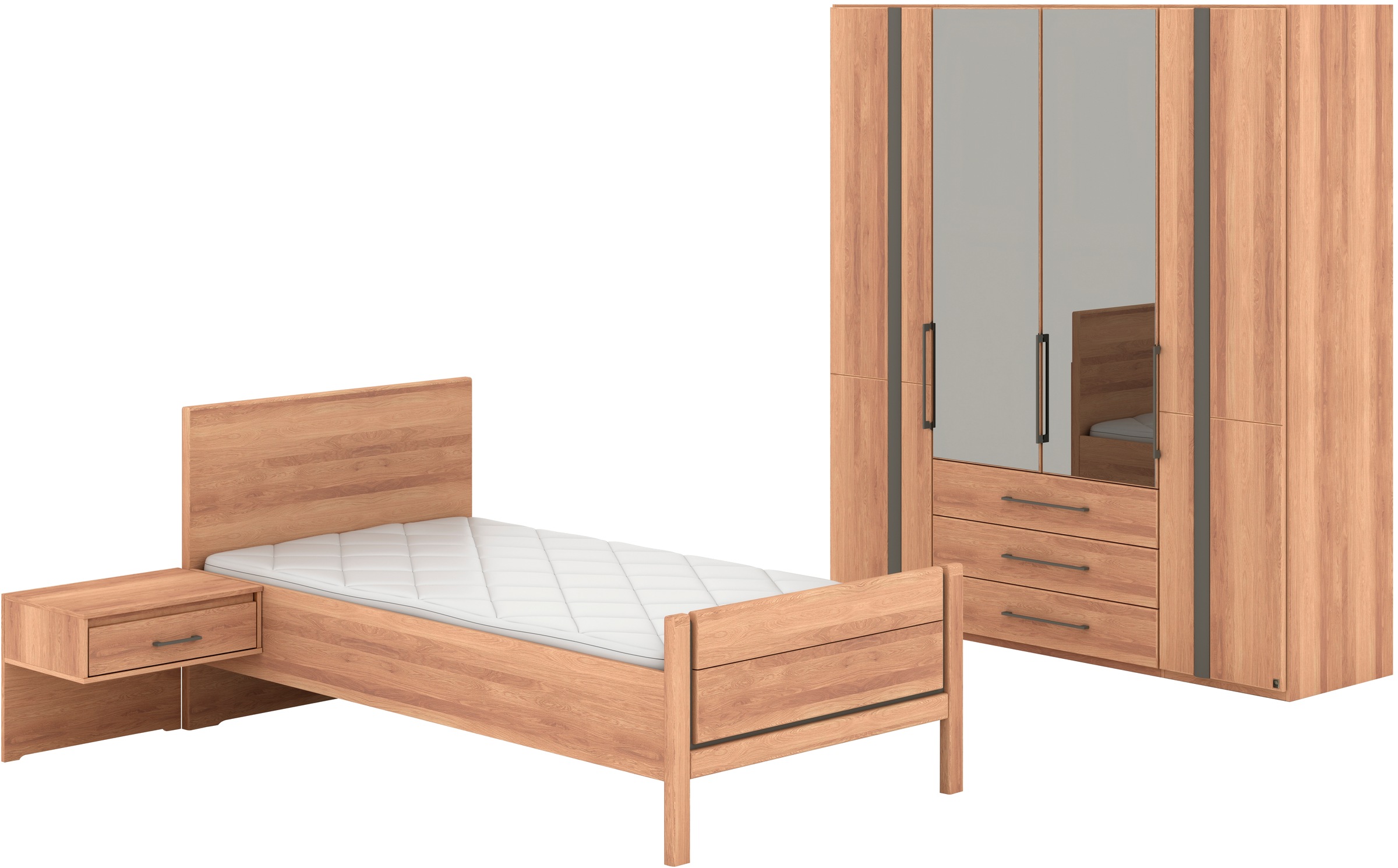 Musterring Schlafzimmer-Set »Sorrent, Kleiderschrank, Bett & Nachtkommoden, teilmassiv Eiche« 2er-Set Nachtschränke, Drehtürenschrank 200 cm, Bett 100x200 cm, Schrank mit Türen und Schubkästen, Bett mit Stollfuß, teilmassiv