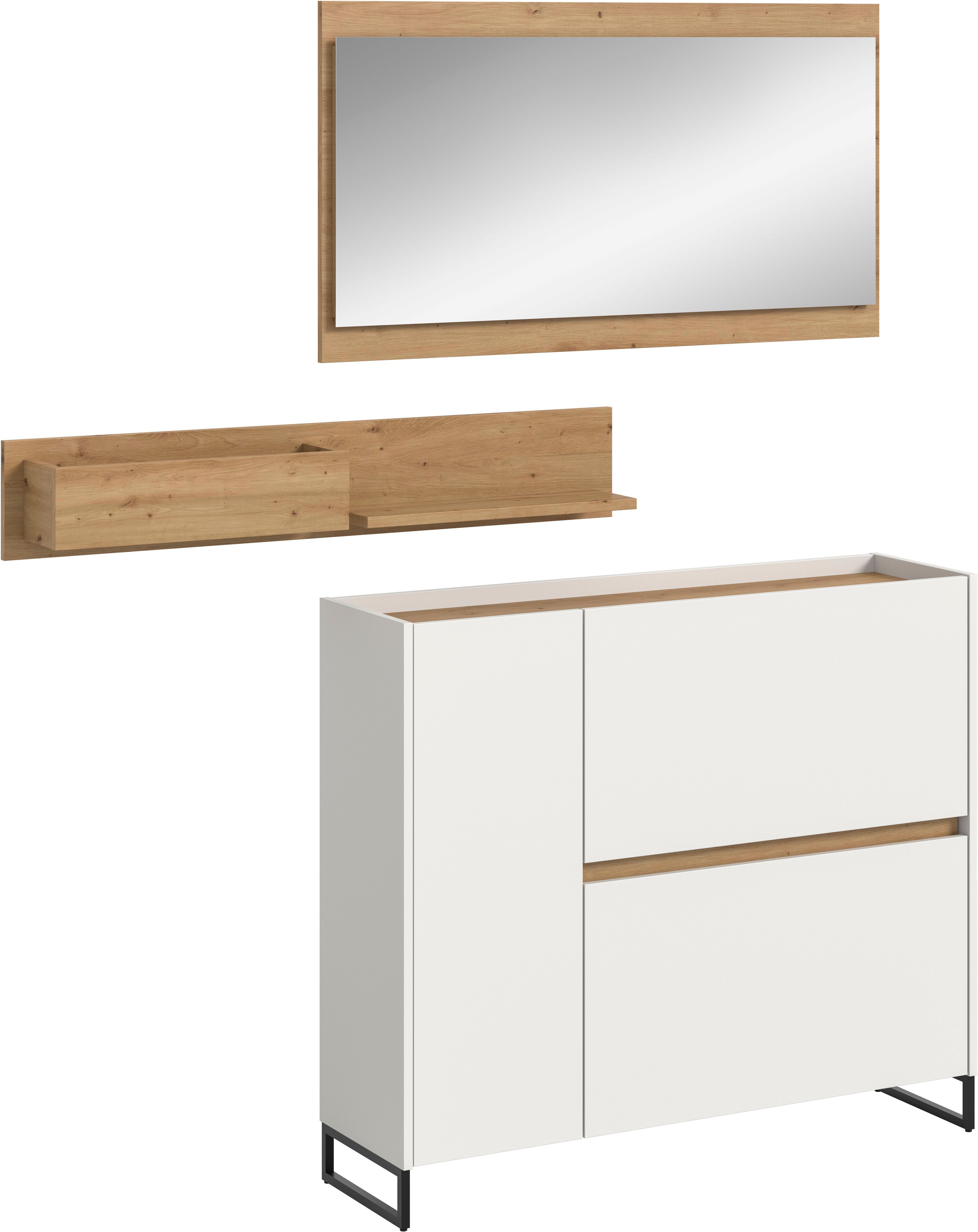 INOSIGN Garderoben-Set »EVRID, 3-teilig, Breite 140 cm, individuell stellbar & erweiterbar« best. aus: Kommode, Wandboard & Spiegel, 3 Stk. tlg. Garderobenkombination, Garderobe, Wandgarderobe, Flur, Diele