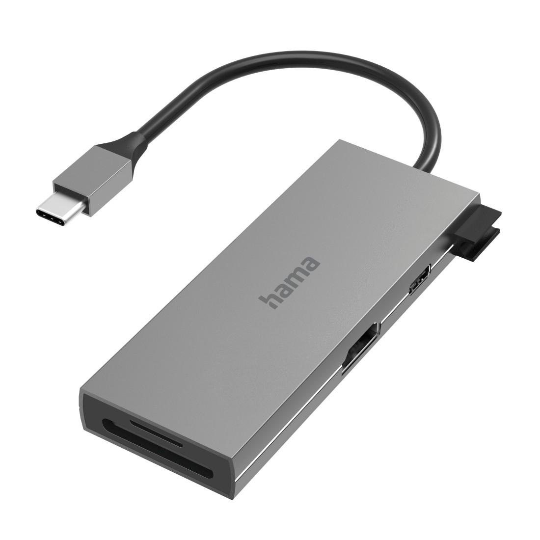 Hama USB-Adapter »USB-C Multiport Hub Laptop mit 6 Ports, USB-A, USB-C, HDMI, SD microSD« USB-C zu HDMI SD-Card USB Typ A USB Typ C 15 cm Laptop Dockingstation, kompakt, robustes Gehäuse, silberfarben